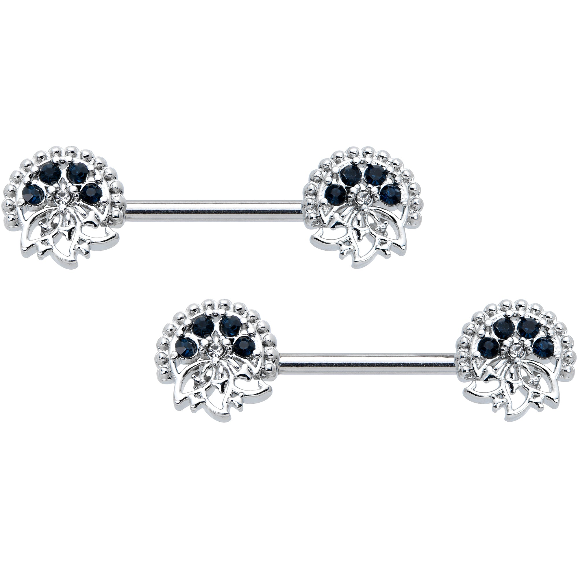 14G 1/2 Blue Clear Gem Abstract Arch Barbell Nipple Ring Set