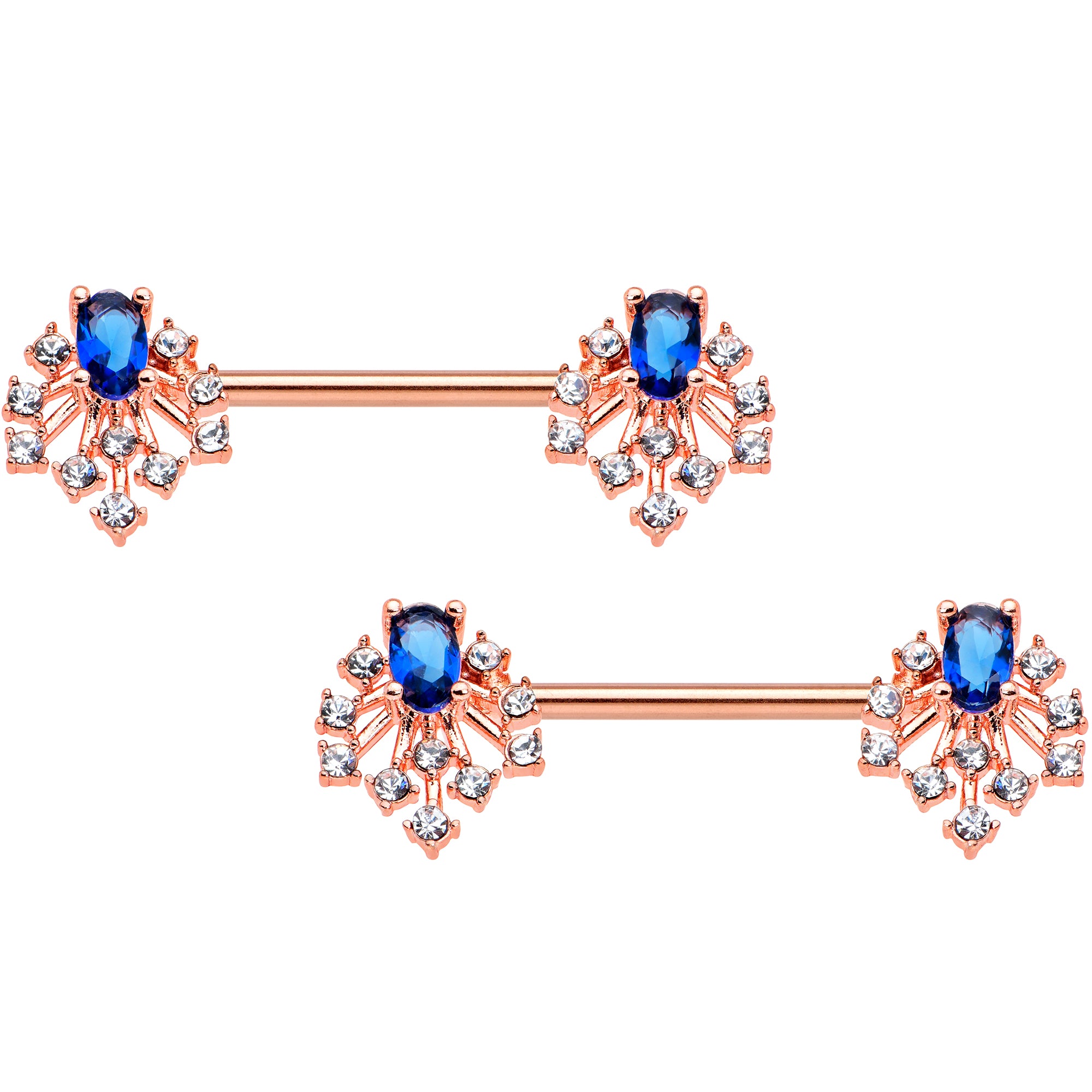 14G 9/16 Blue Gem Rosy Tone Glam Flare Barbell Nipple Ring Set