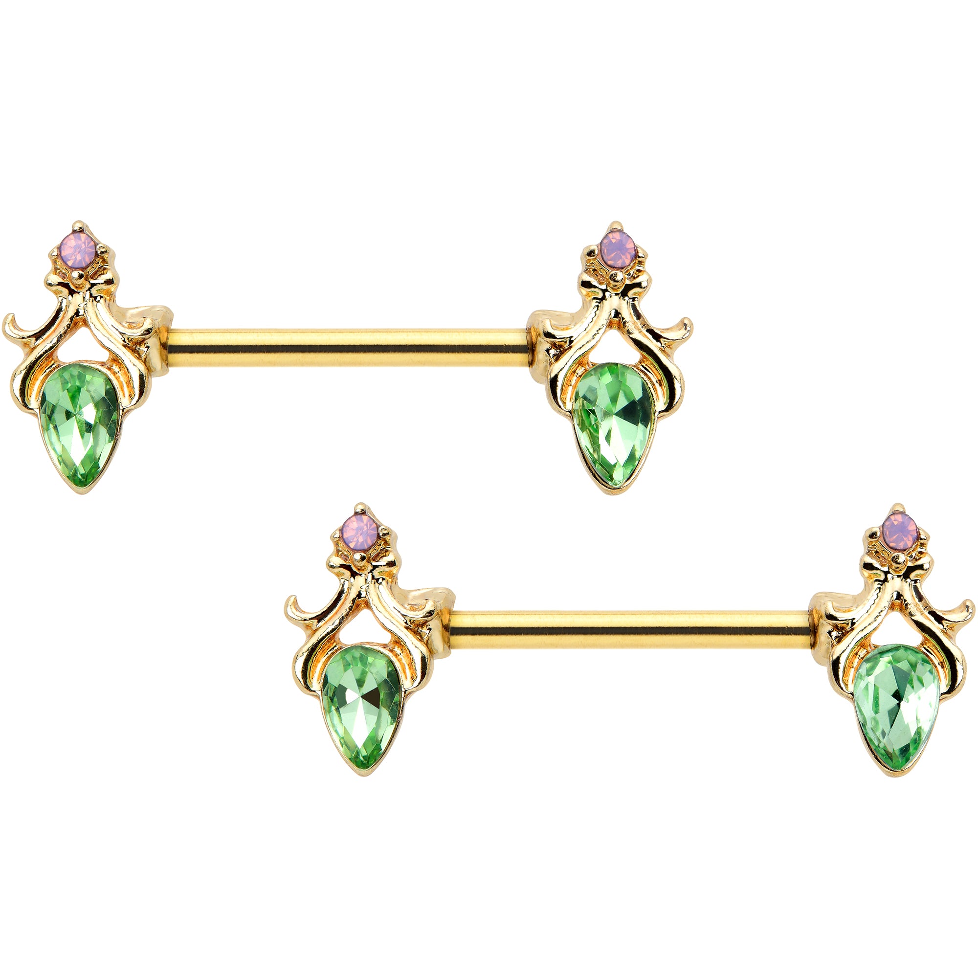 14G 9/16 Green Gem Gold Hue Spring Shades Barbell Nipple Ring Set