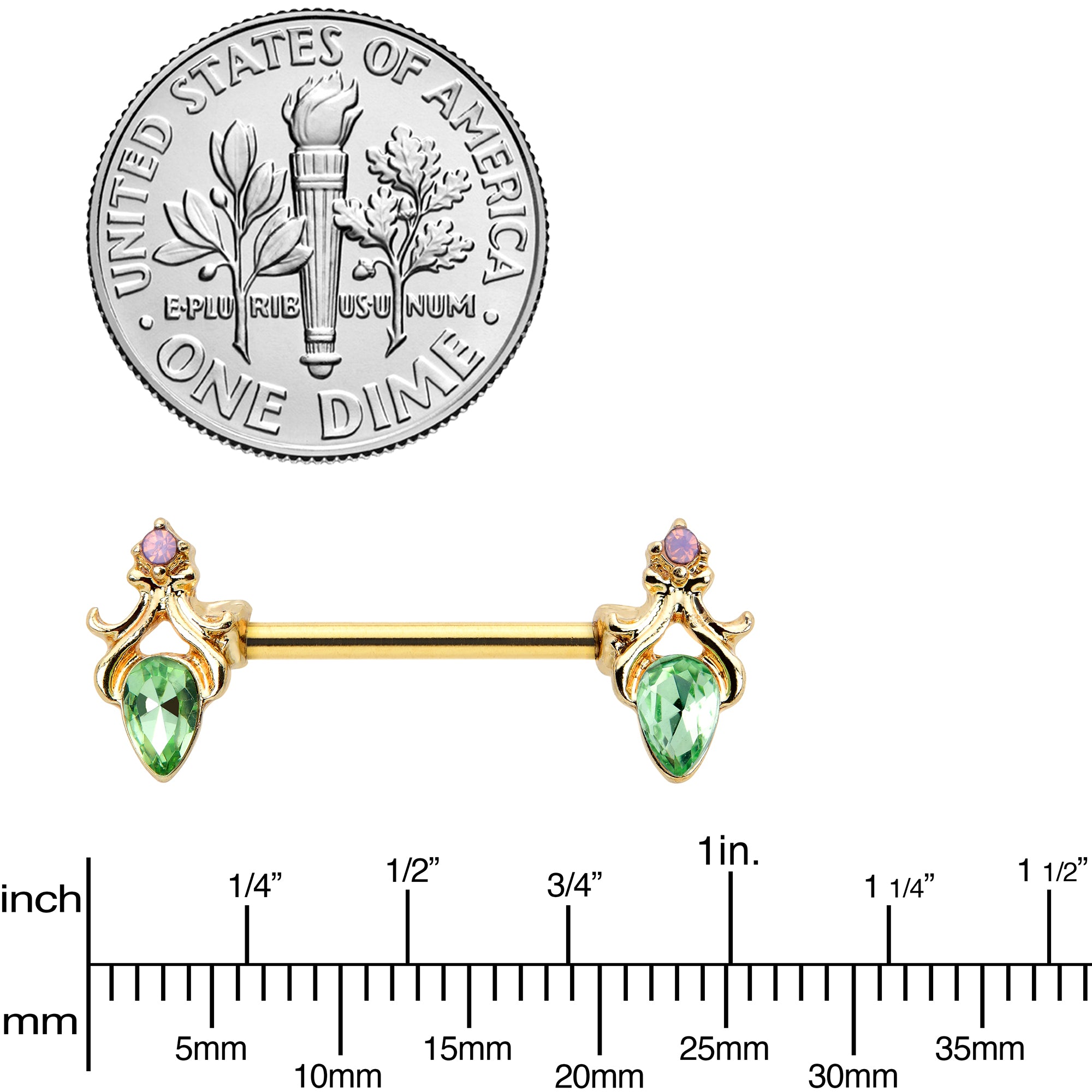 14G 9/16 Green Gem Gold Hue Spring Shades Barbell Nipple Ring Set