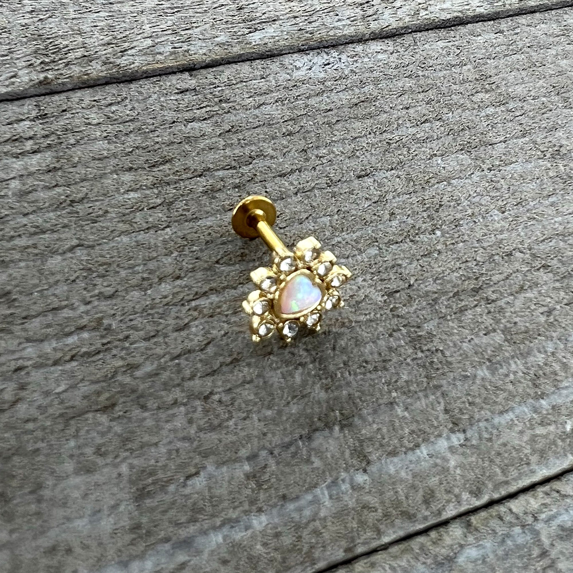 16G 5/16 White Faux Opal Gold Tone Sun Heart Labret Monroe Tragus