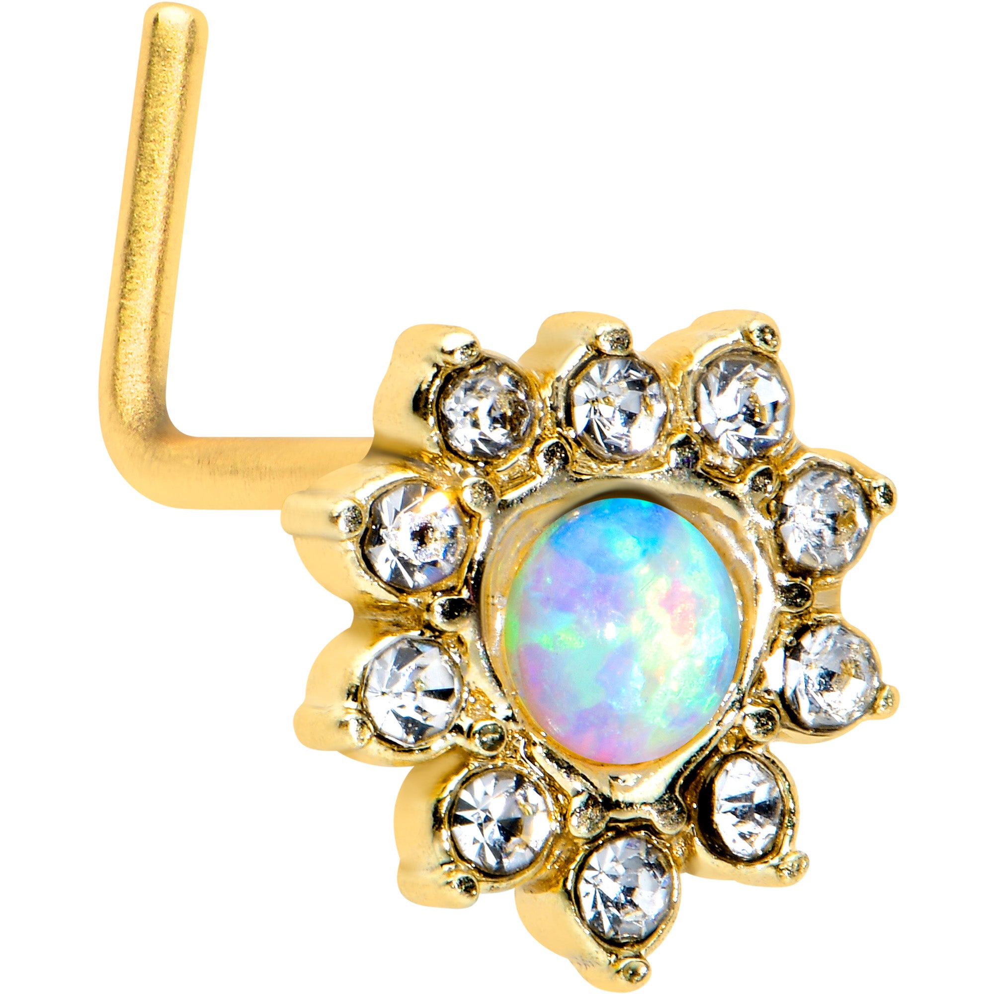 20G 7mm White Faux Opal Gold Tone Heart Sun L Shape Nose Ring