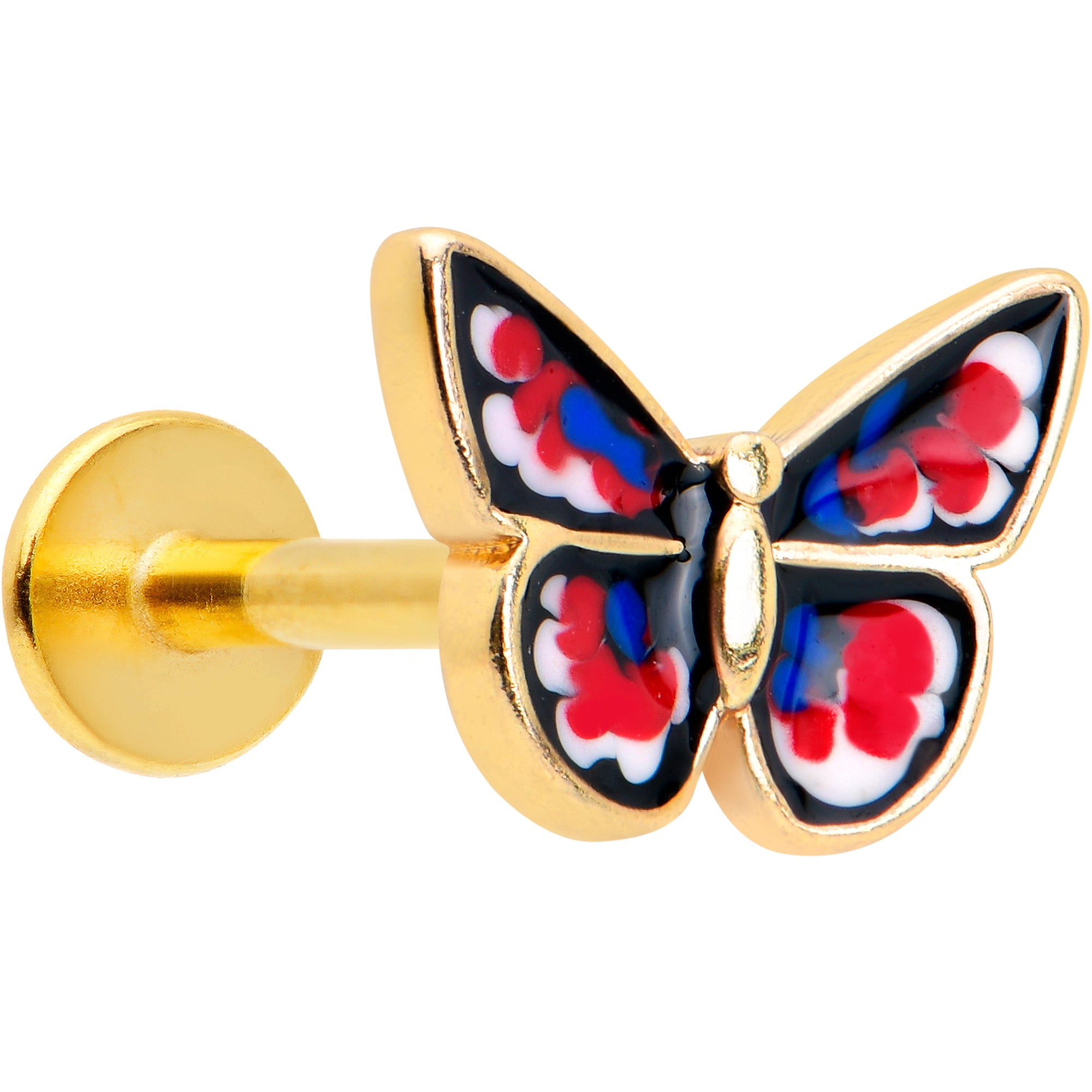 16G 5/16 Gold Tone Red White Blue Butterfly Labret Monroe Tragus