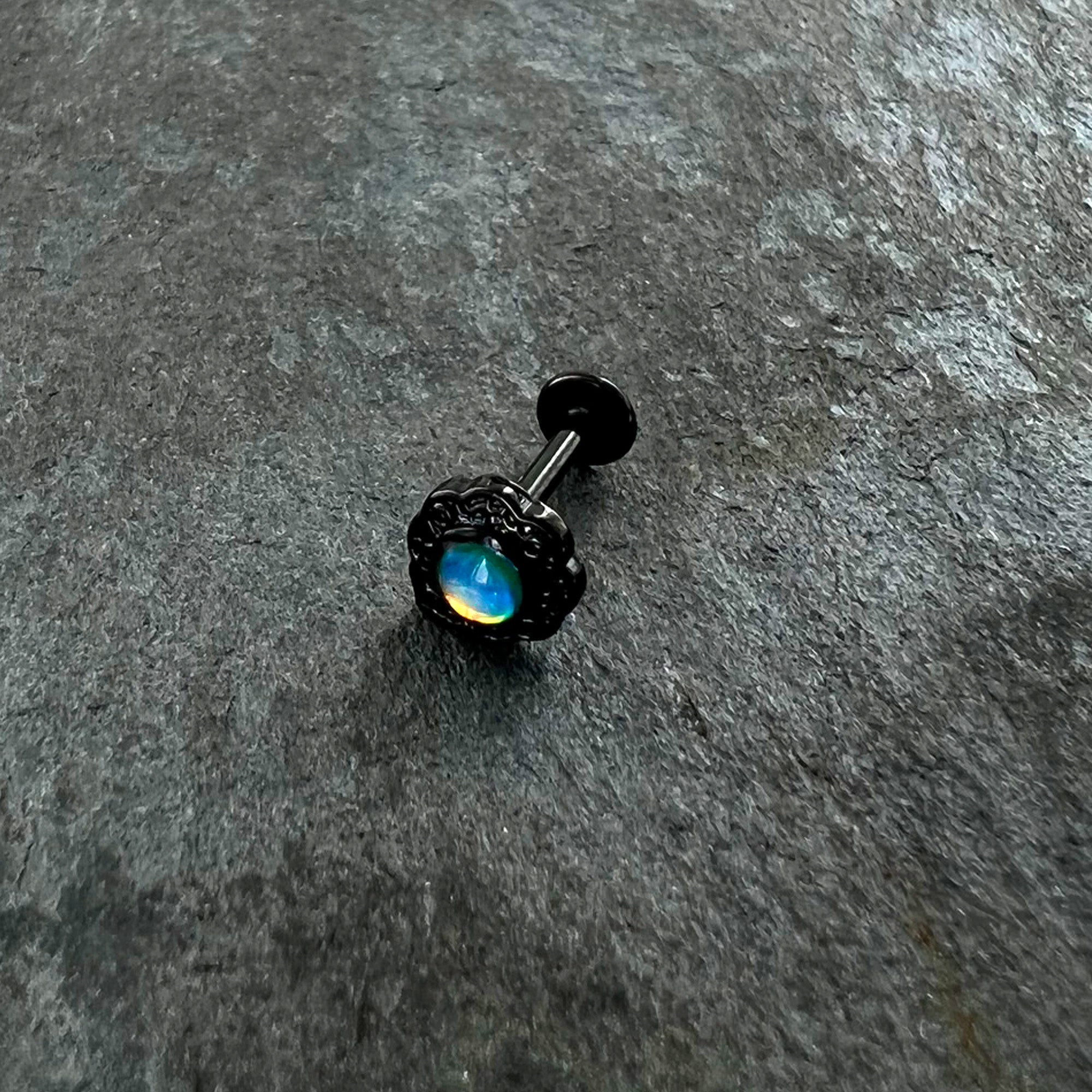 16G 5/16 White Tourmaline Black Filigree Labret Monroe Tragus