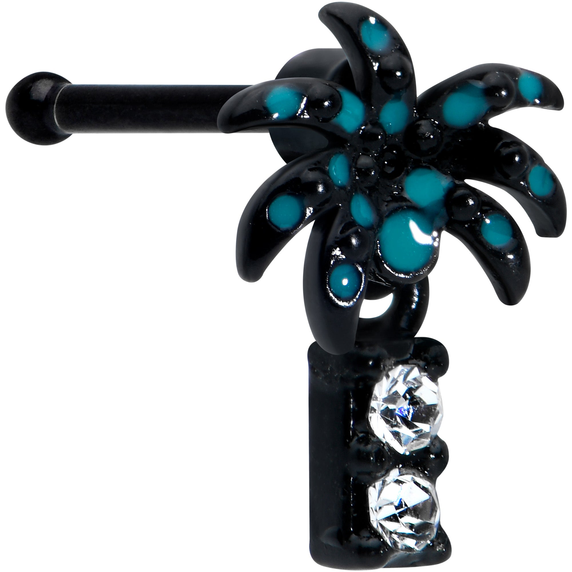 20G 1/4 Clear Gem Black Night Palm Tree Dangle Nose Bone