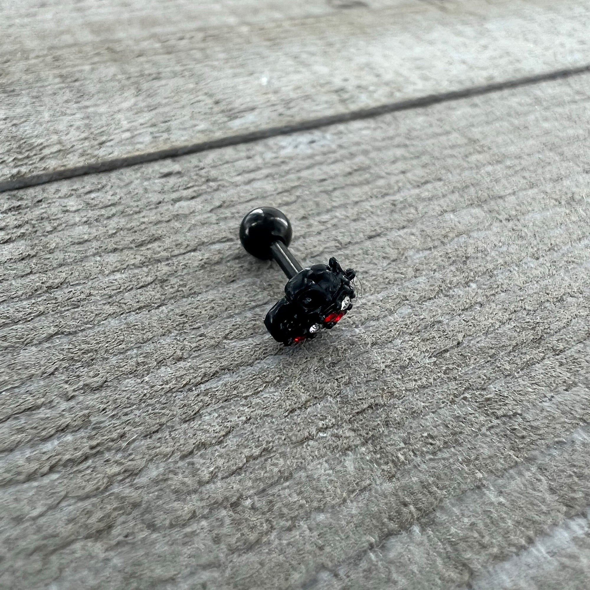 16G 1/4 Red Clear Gem Black Skull Halloween Cartilage Earring