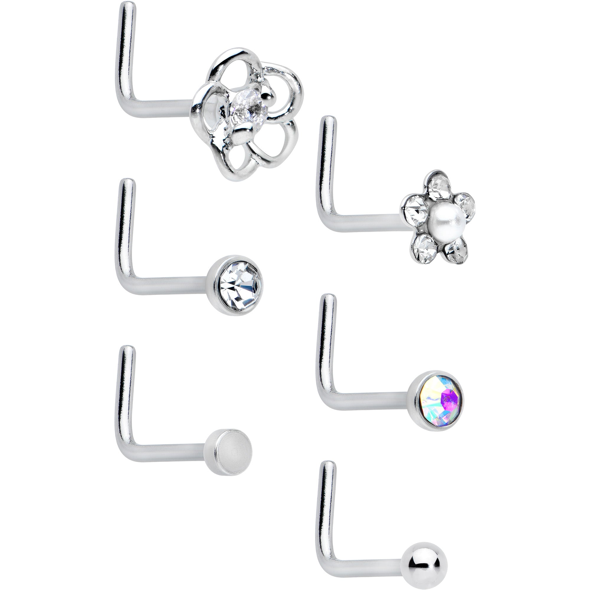 20G 1/4 Aurora Clear CZ Gem Flower L Shape Nose Ring Set of 6