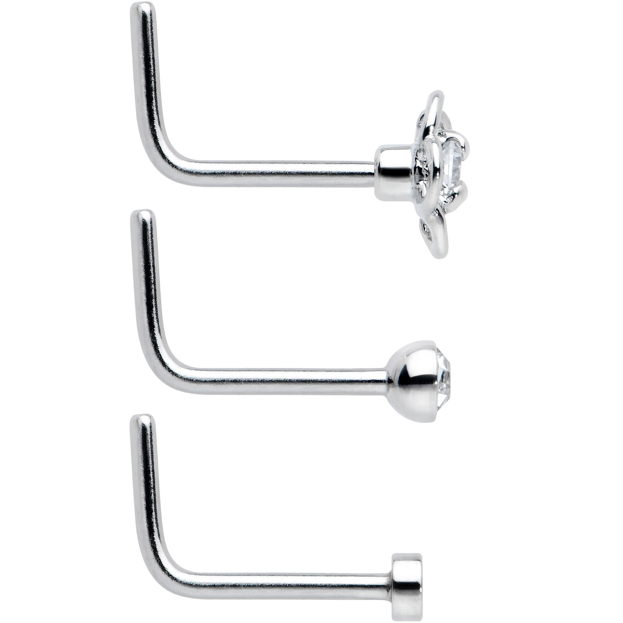 20G 1/4 Aurora Clear CZ Gem Flower L Shape Nose Ring Set of 6