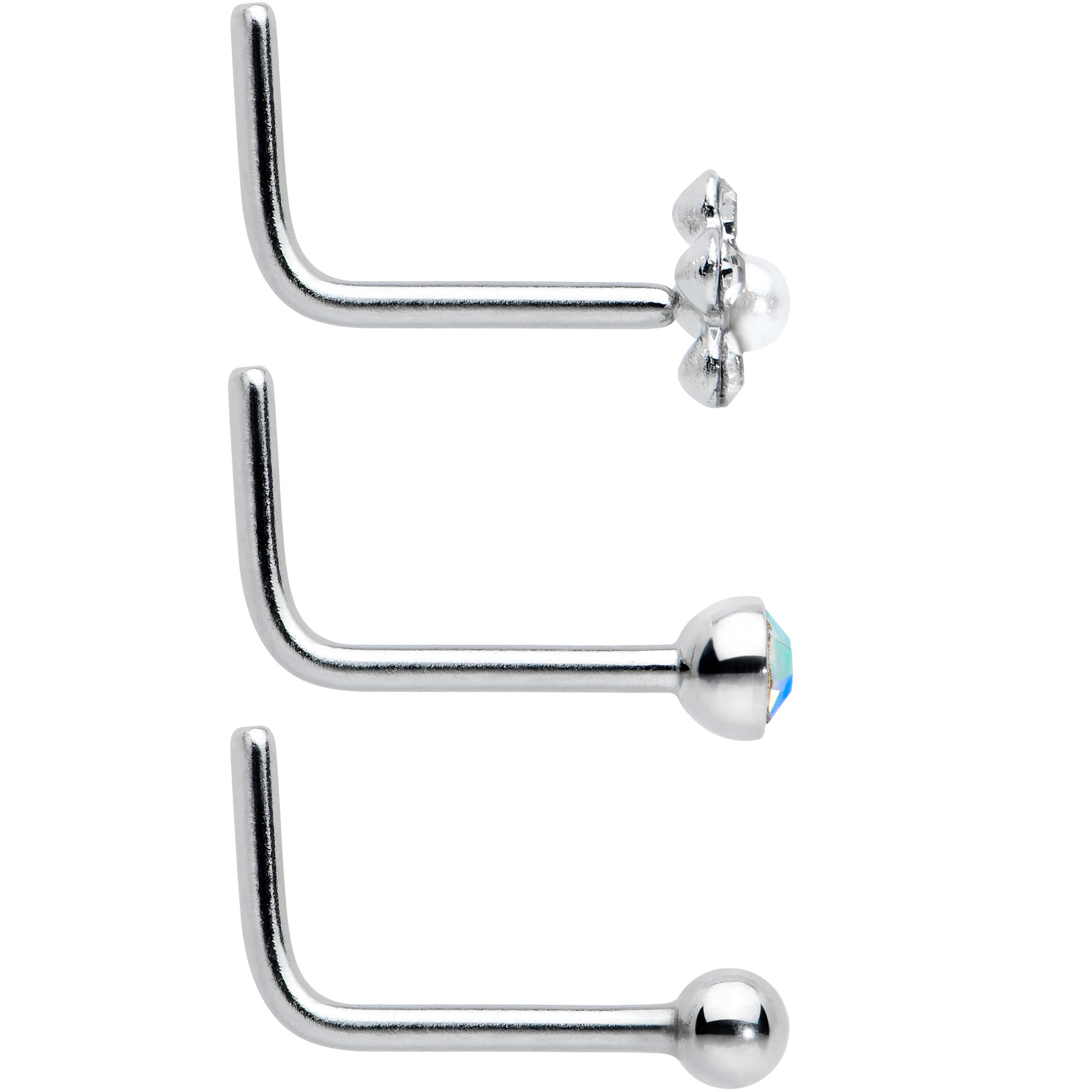 20G 1/4 Aurora Clear CZ Gem Flower L Shape Nose Ring Set of 6