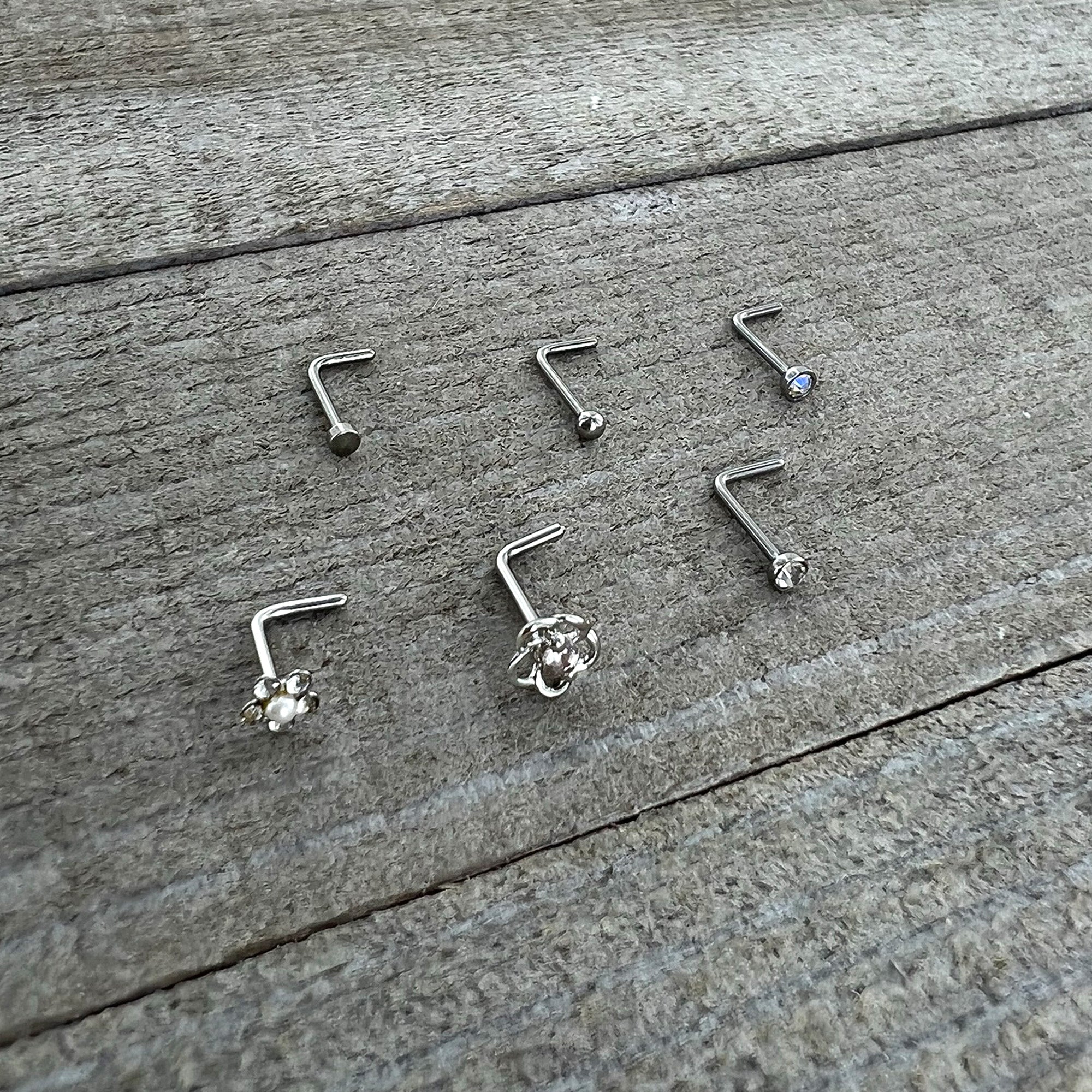 20G 1/4 Aurora Clear CZ Gem Flower L Shape Nose Ring Set of 6
