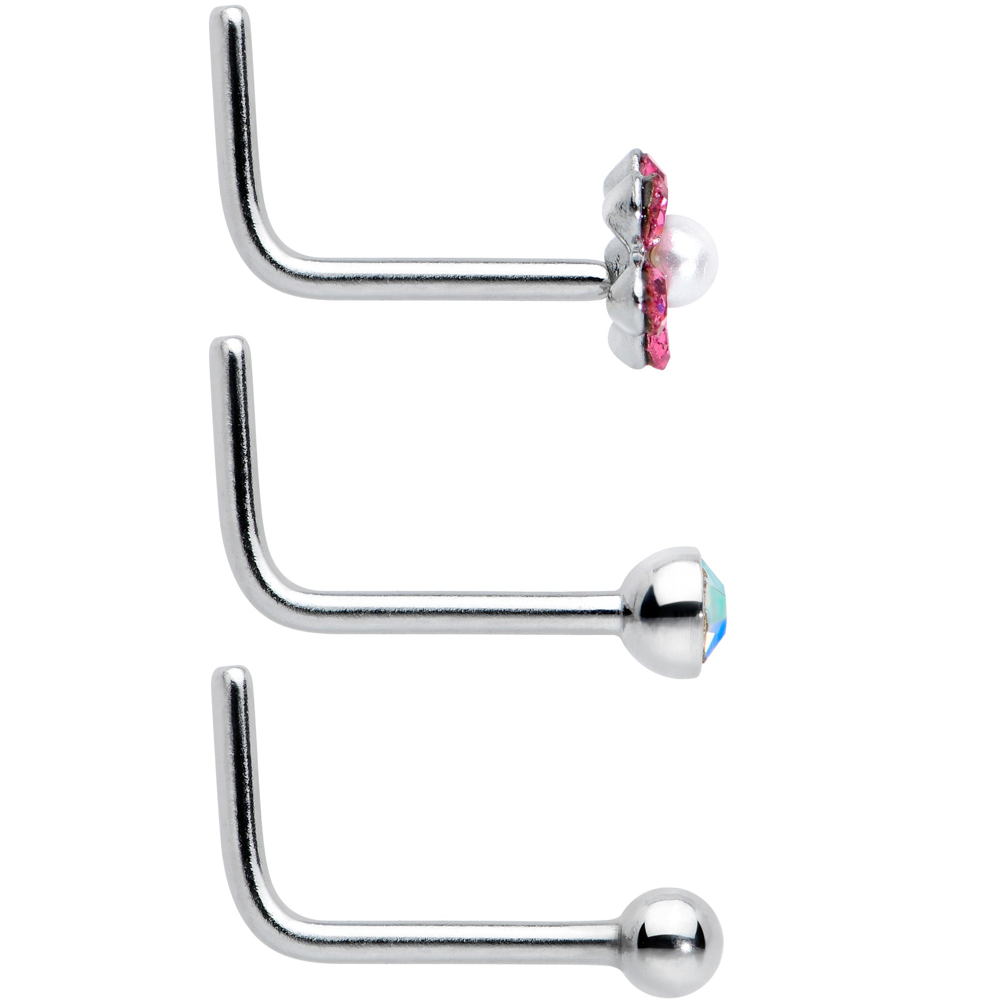 20G 1/4 Aurora Pink CZ Gem Flower L Shape Nose Ring Set of 6