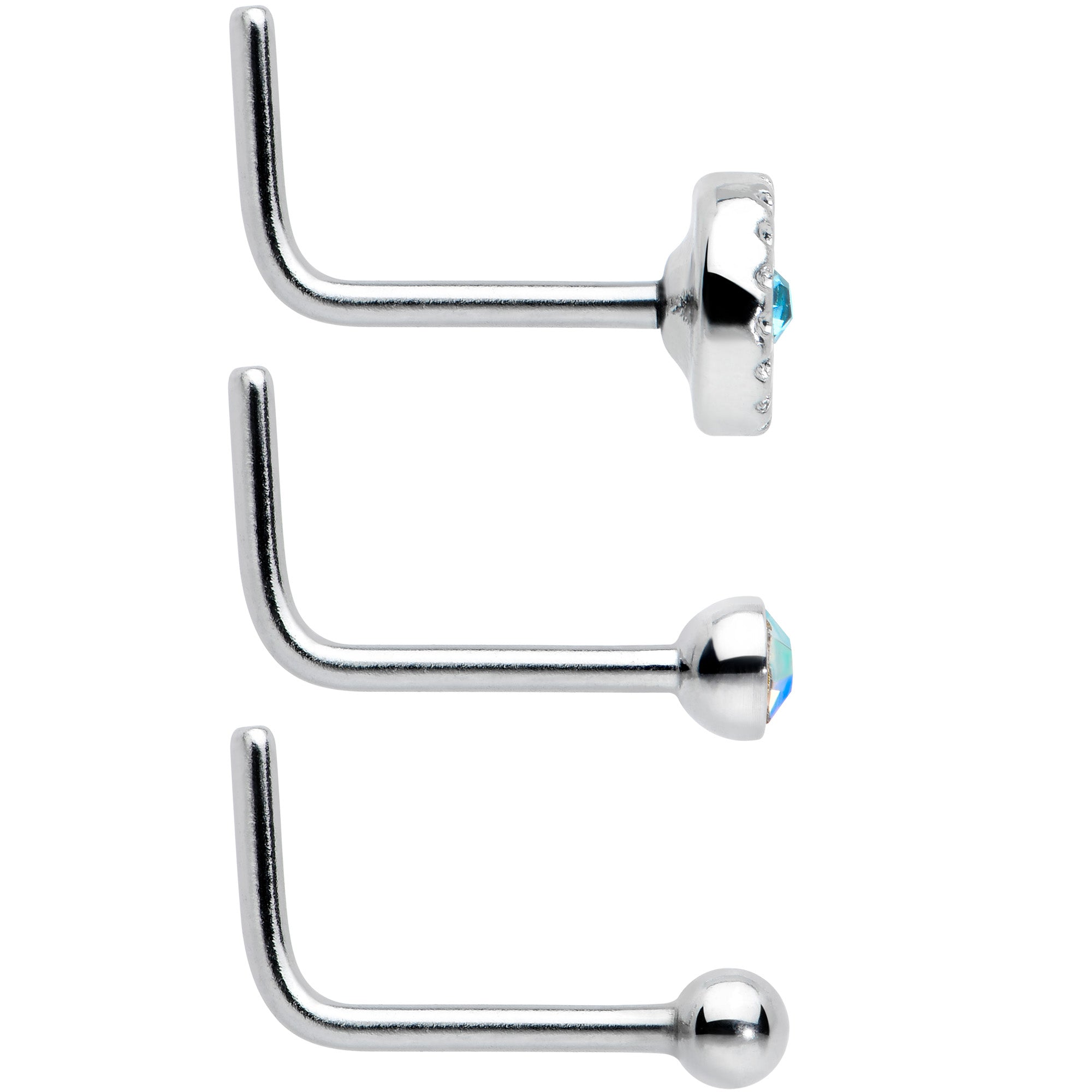 20G 1/4 Aurora Blue CZ Gem Flower L Shape Nose Ring Set of 6