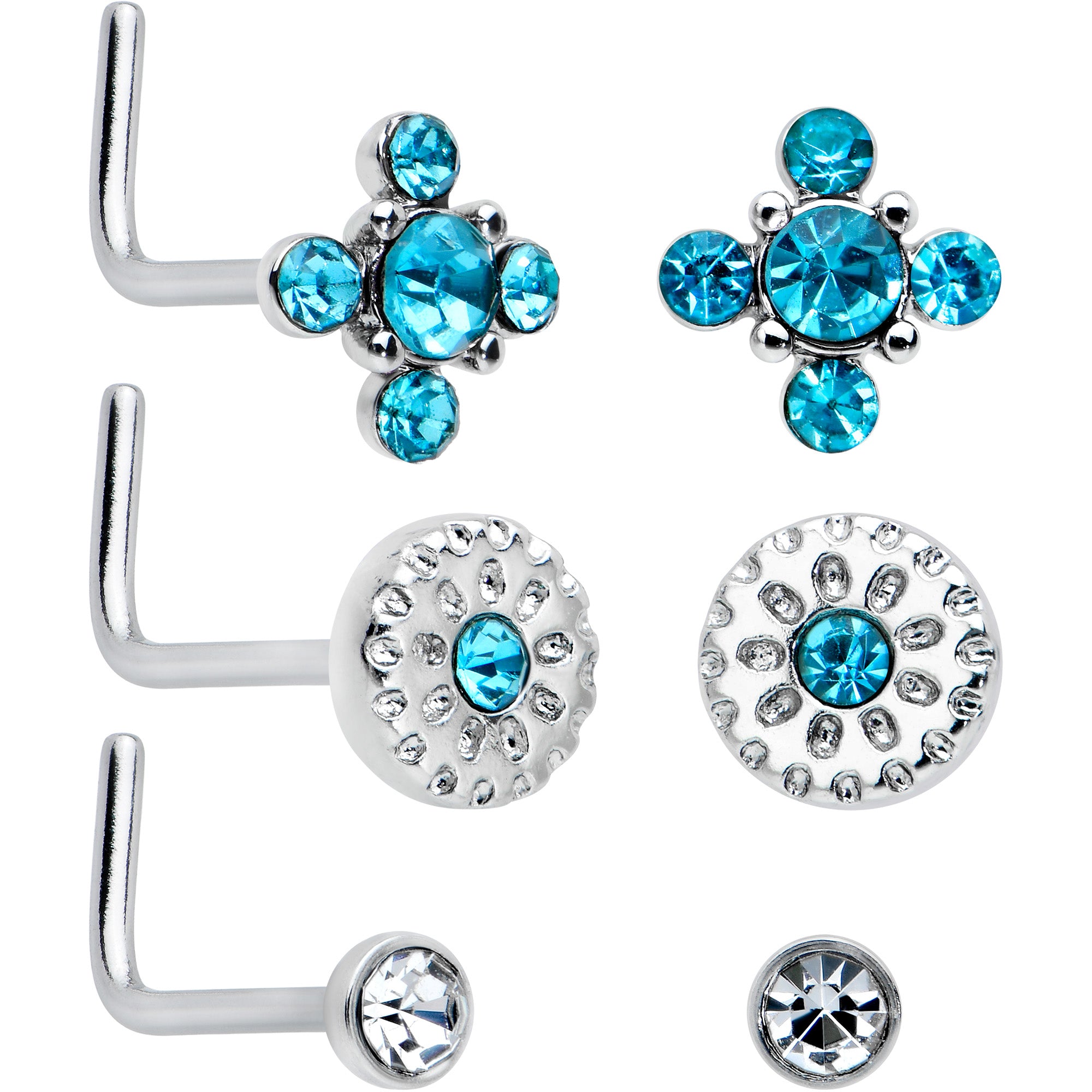 20G 1/4 Aurora Blue CZ Gem Flower L Shape Nose Ring Set of 6