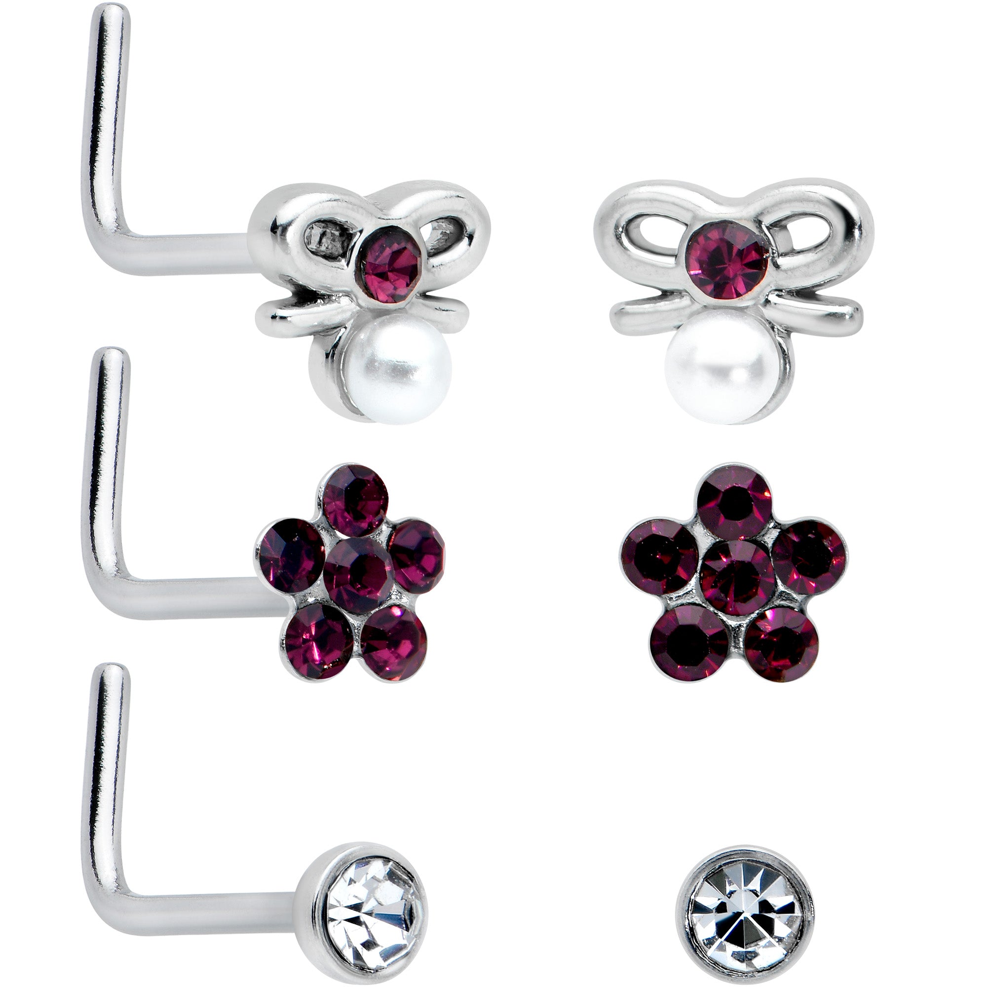 20G 1/4 Aurora Purple CZ Gem Flower Bow L Shape Nose Ring Set of 6