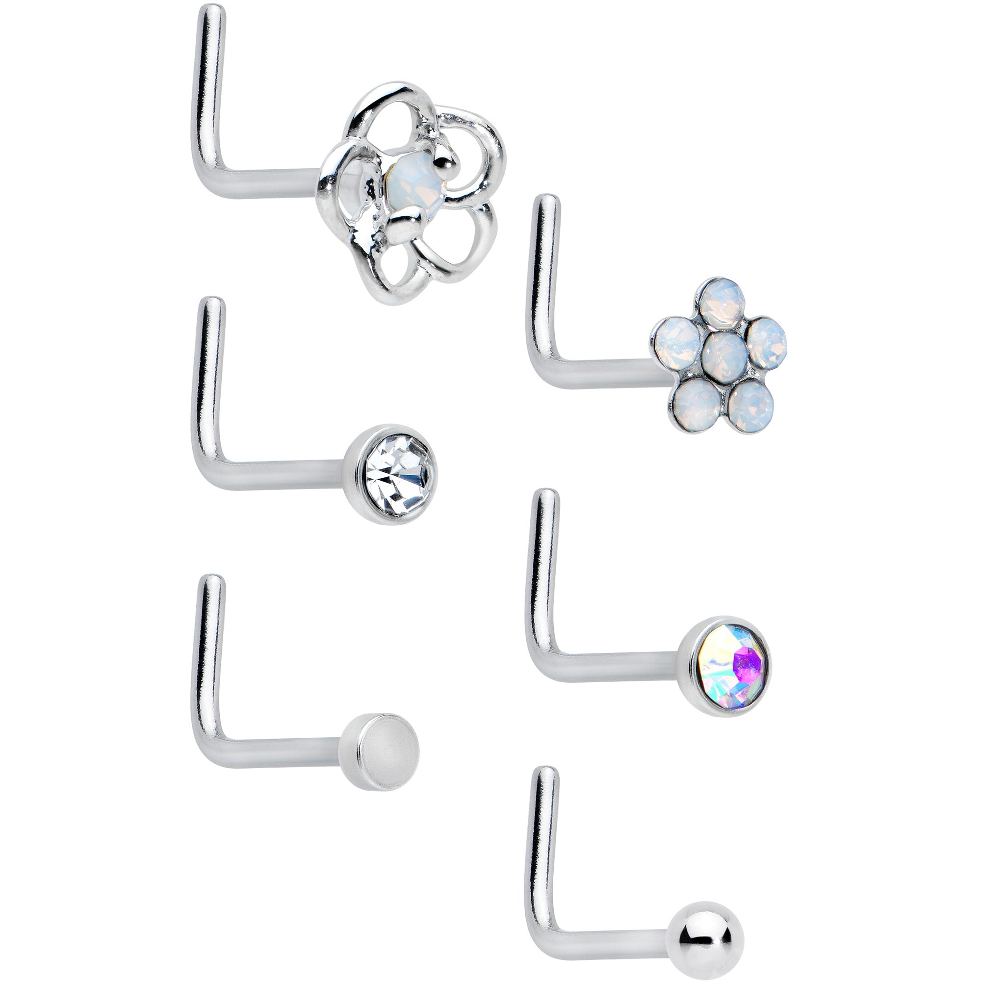 20G 1/4 Clear CZ Gem Flower Disc L Shape Nose Ring Set of 6