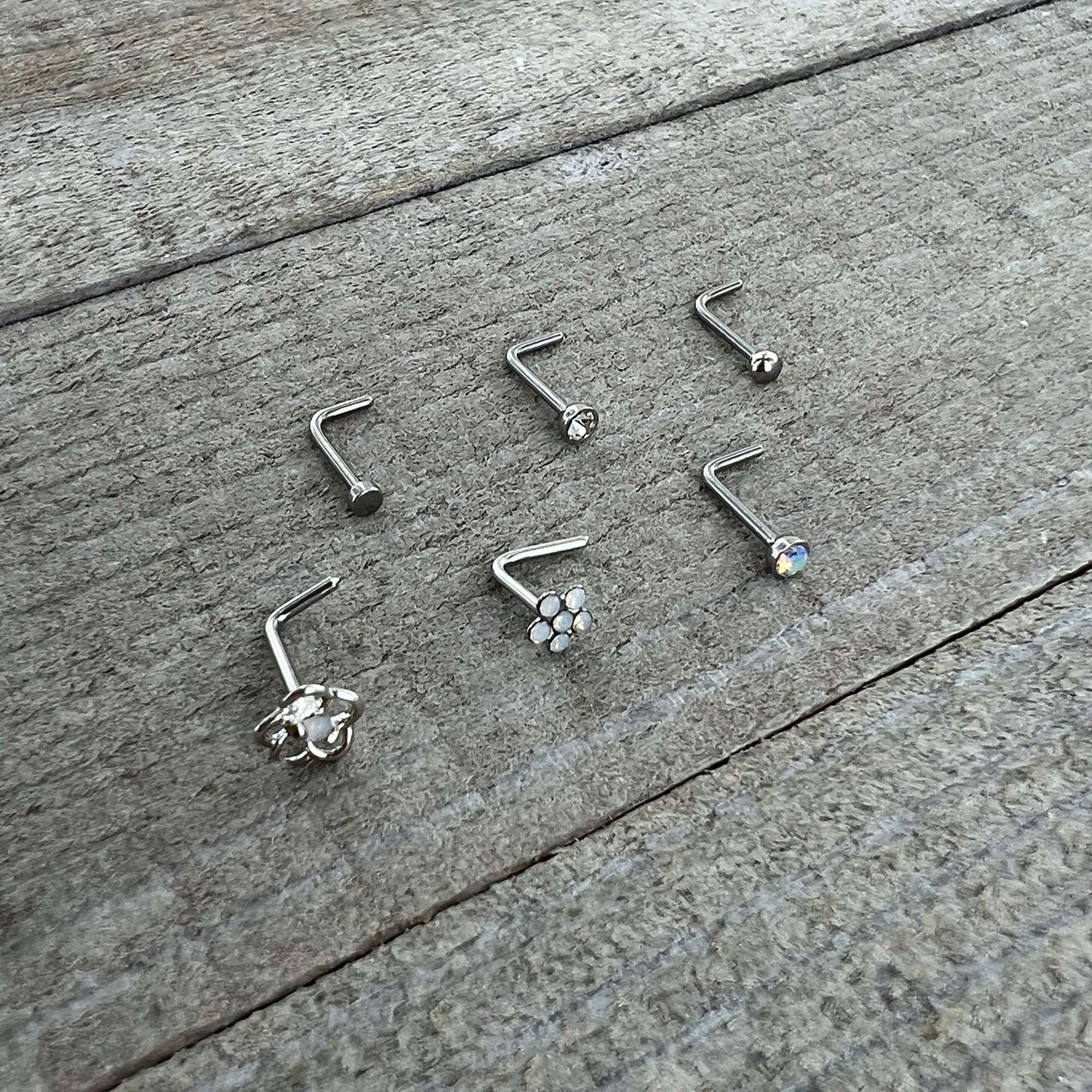 20G 1/4 Clear CZ Gem Flower Disc L Shape Nose Ring Set of 6