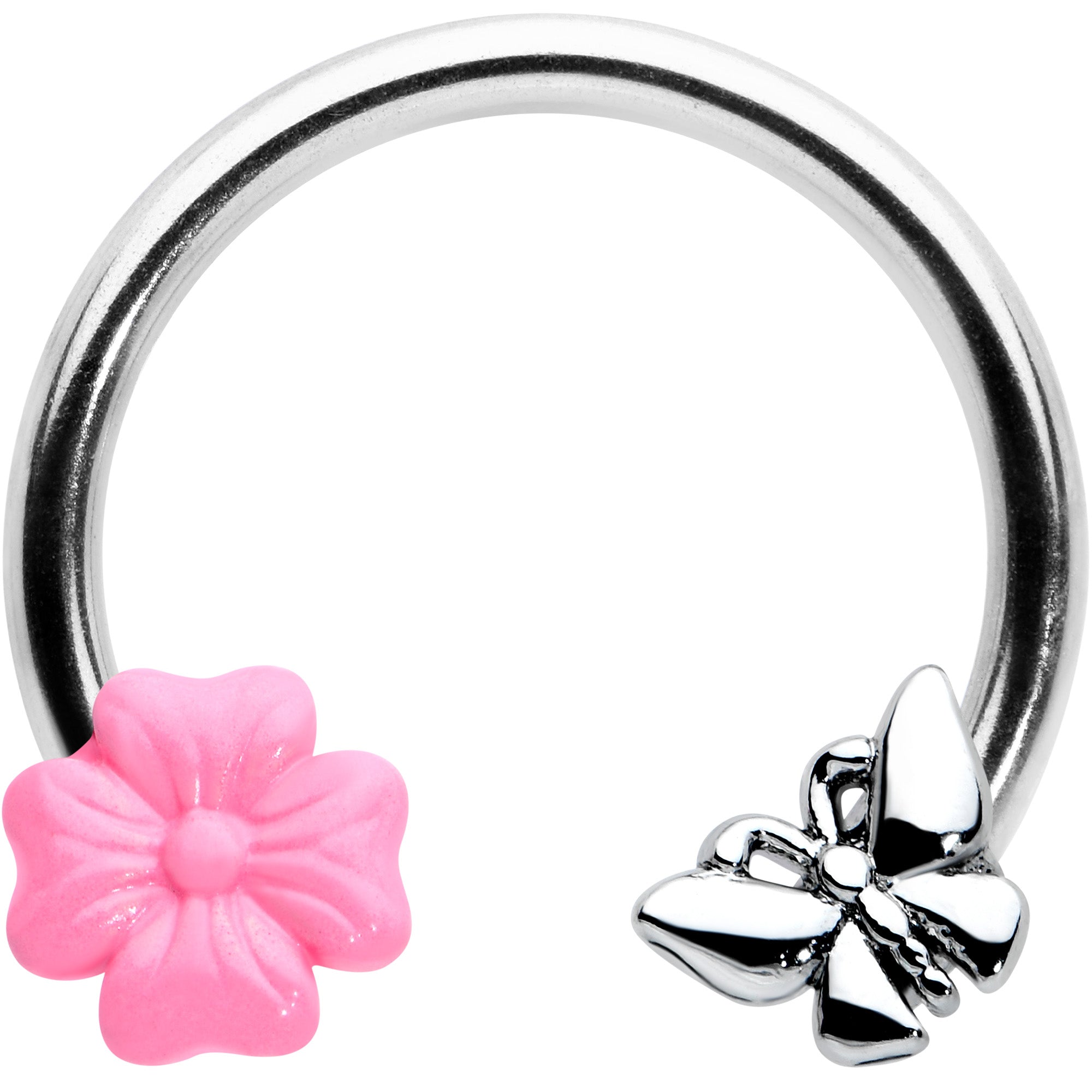 16G 3/8 Butterfly Pink Flower Horseshoe Circular Barbell