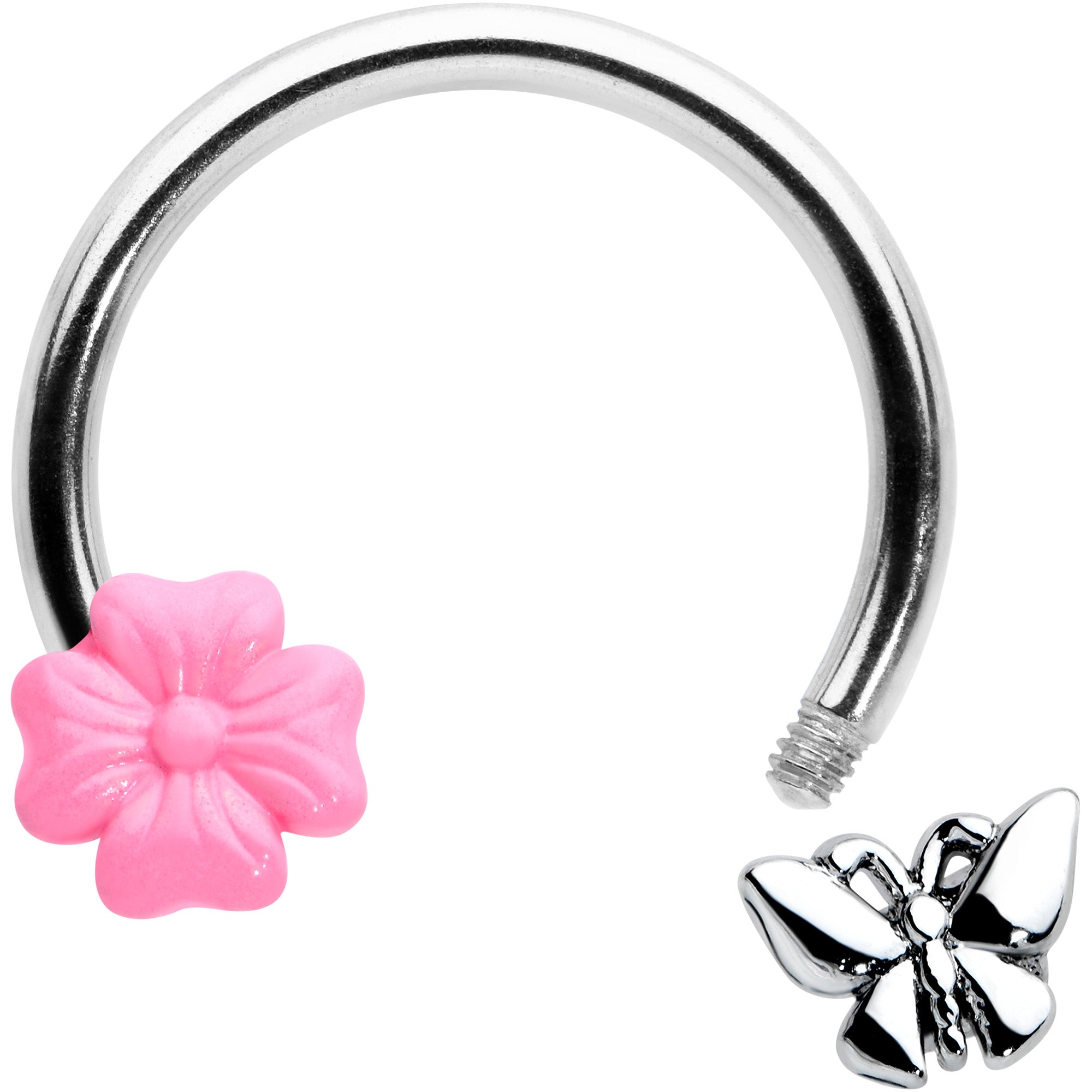 16G 3/8 Butterfly Pink Flower Horseshoe Circular Barbell