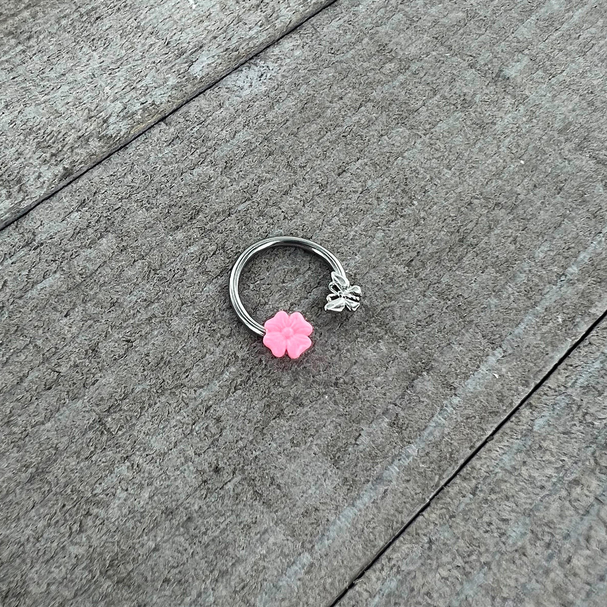 16G 3/8 Butterfly Pink Flower Horseshoe Circular Barbell