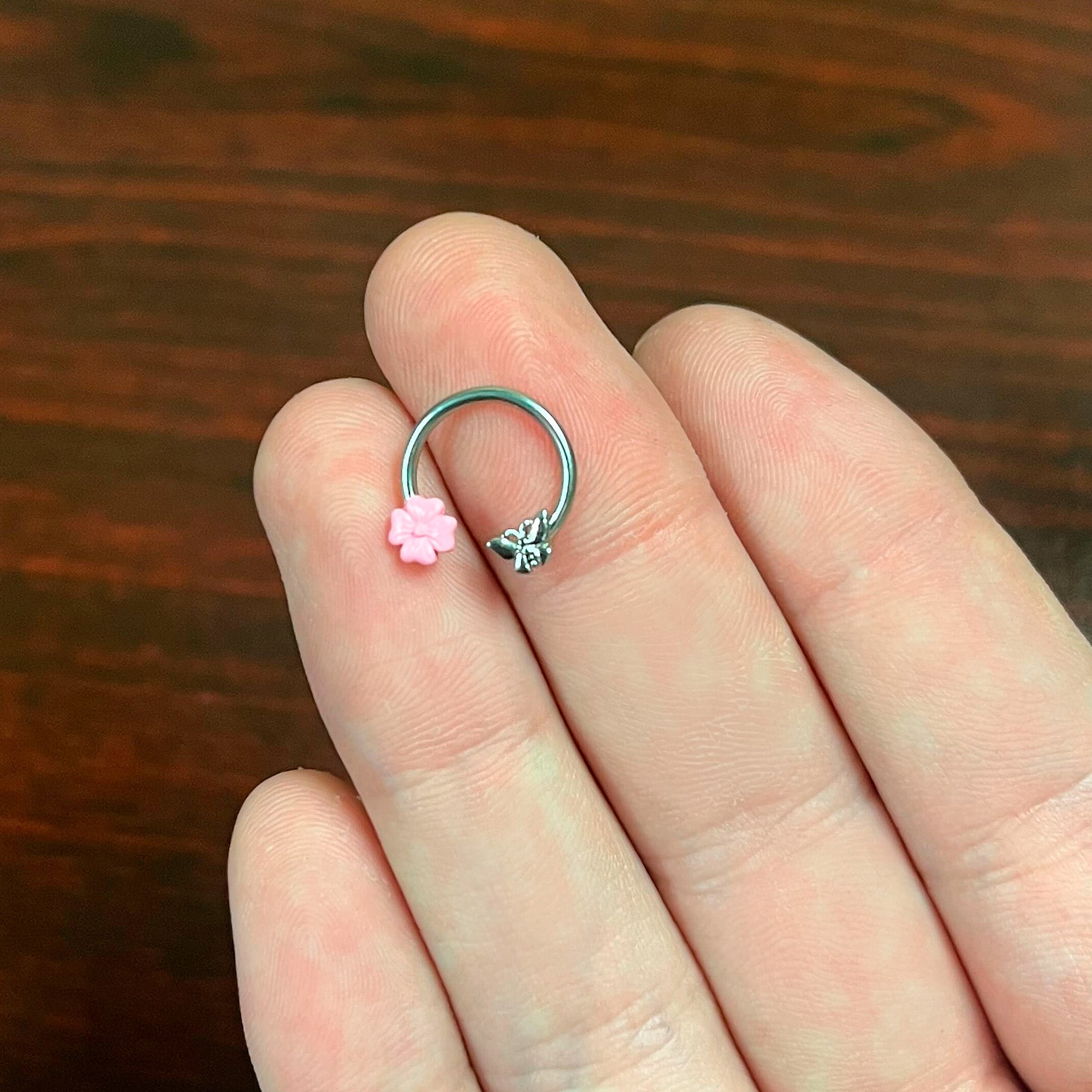 16G 3/8 Butterfly Pink Flower Horseshoe Circular Barbell