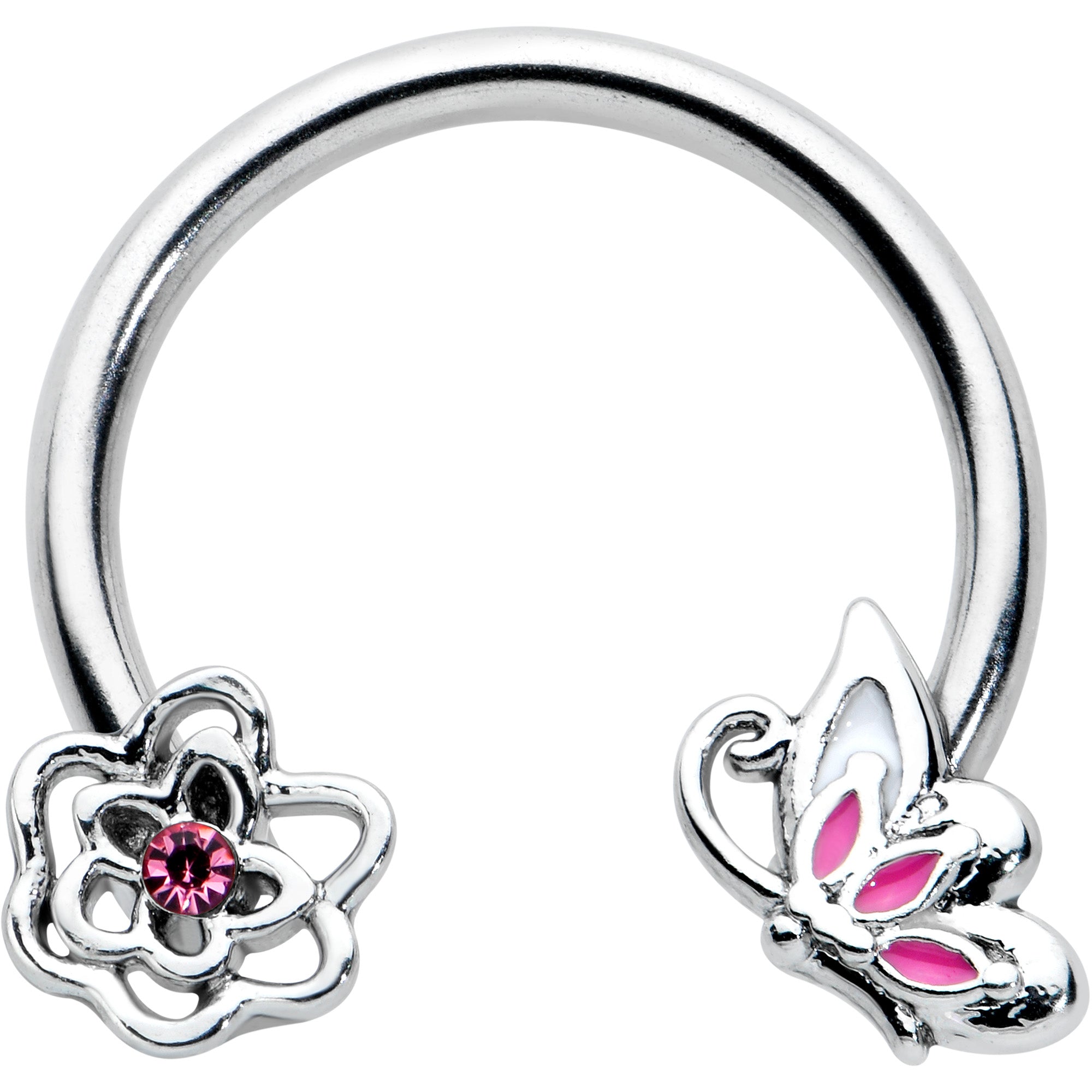 16G 3/8 Pink Butterfly Pink Gem Flower Horseshoe Circular Barbell