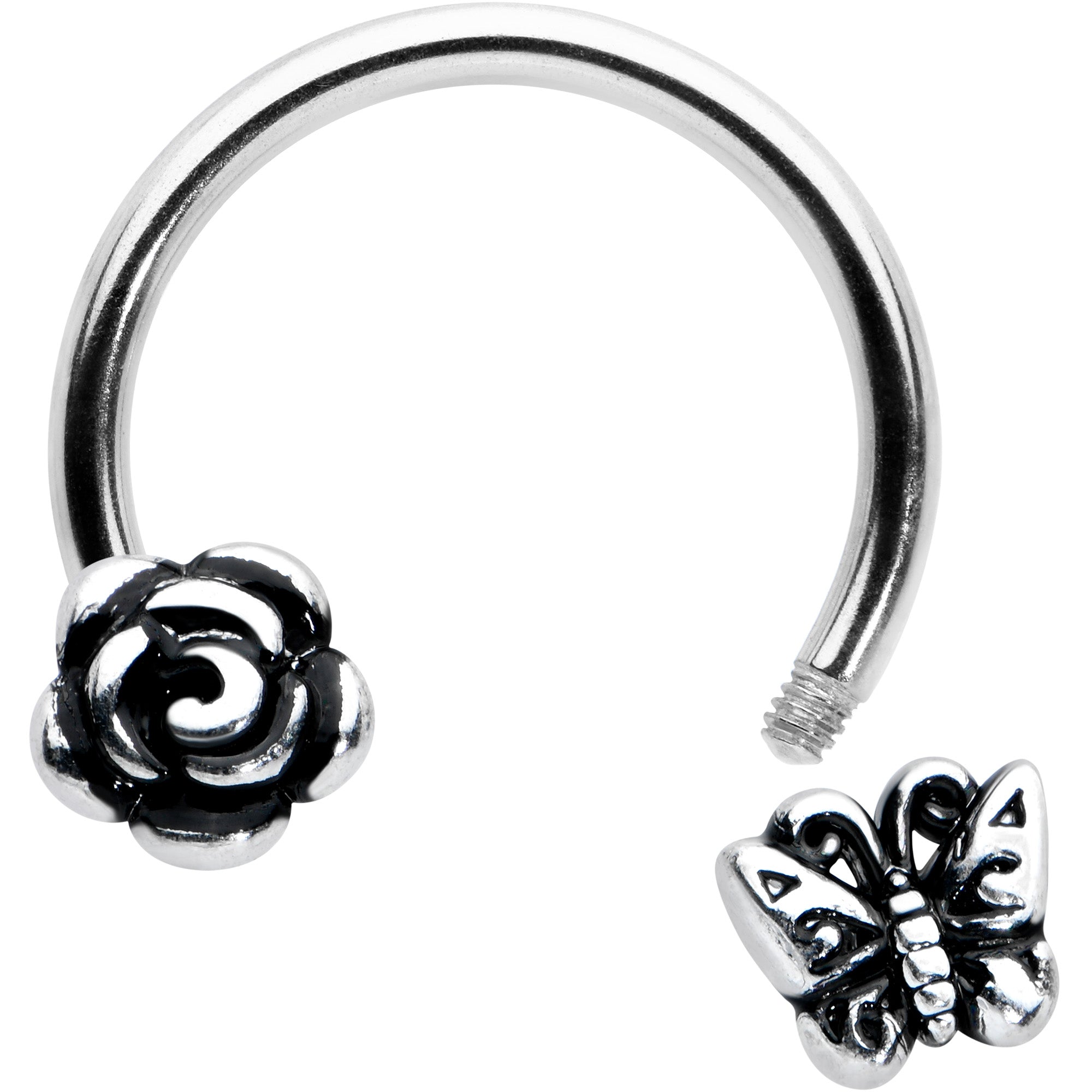 16G 3/8 Antiqued Butterfly Flower Horseshoe Circular Barbell