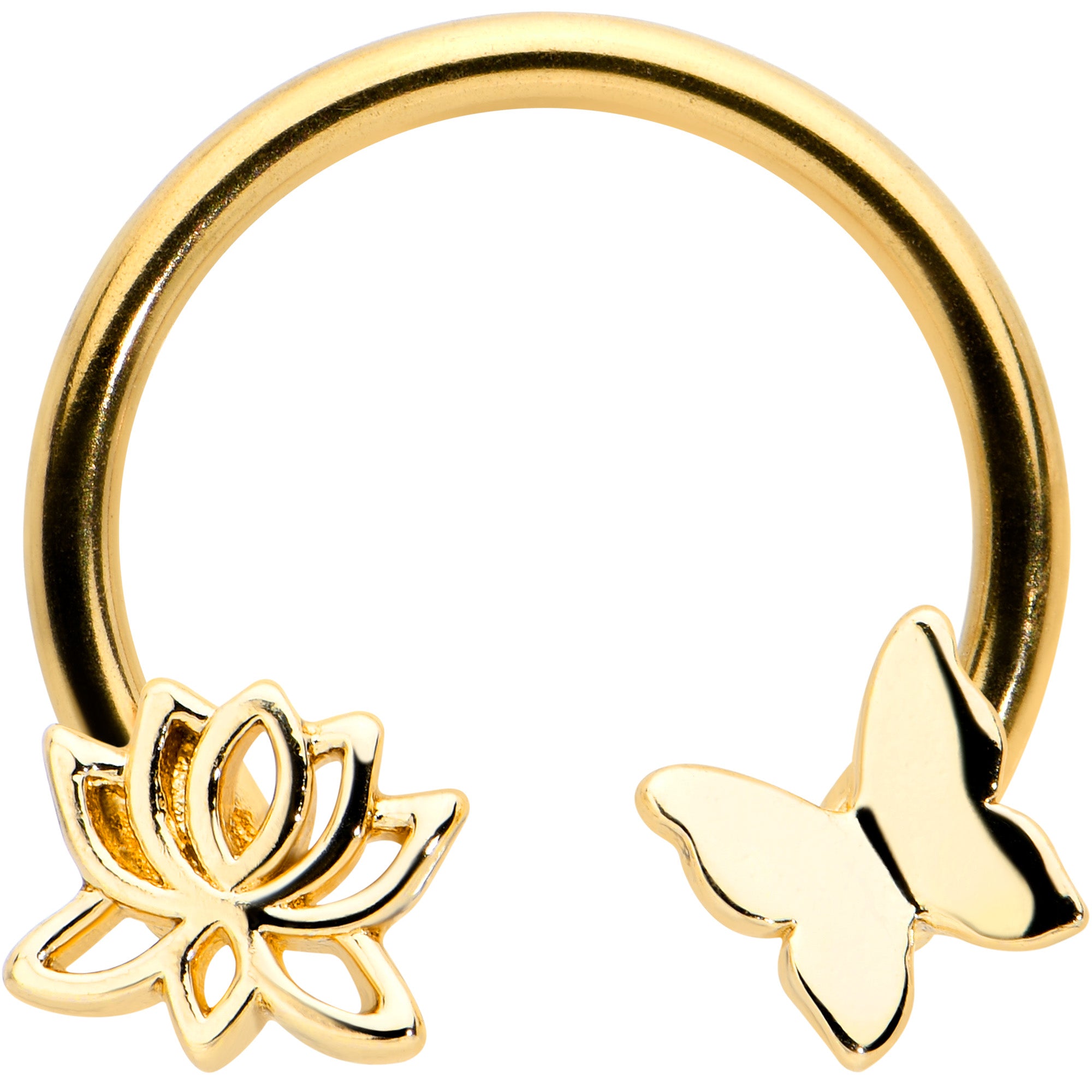 16G 3/8 Gold Tone Butterfly Lotus Flower Horseshoe Circular Barbell