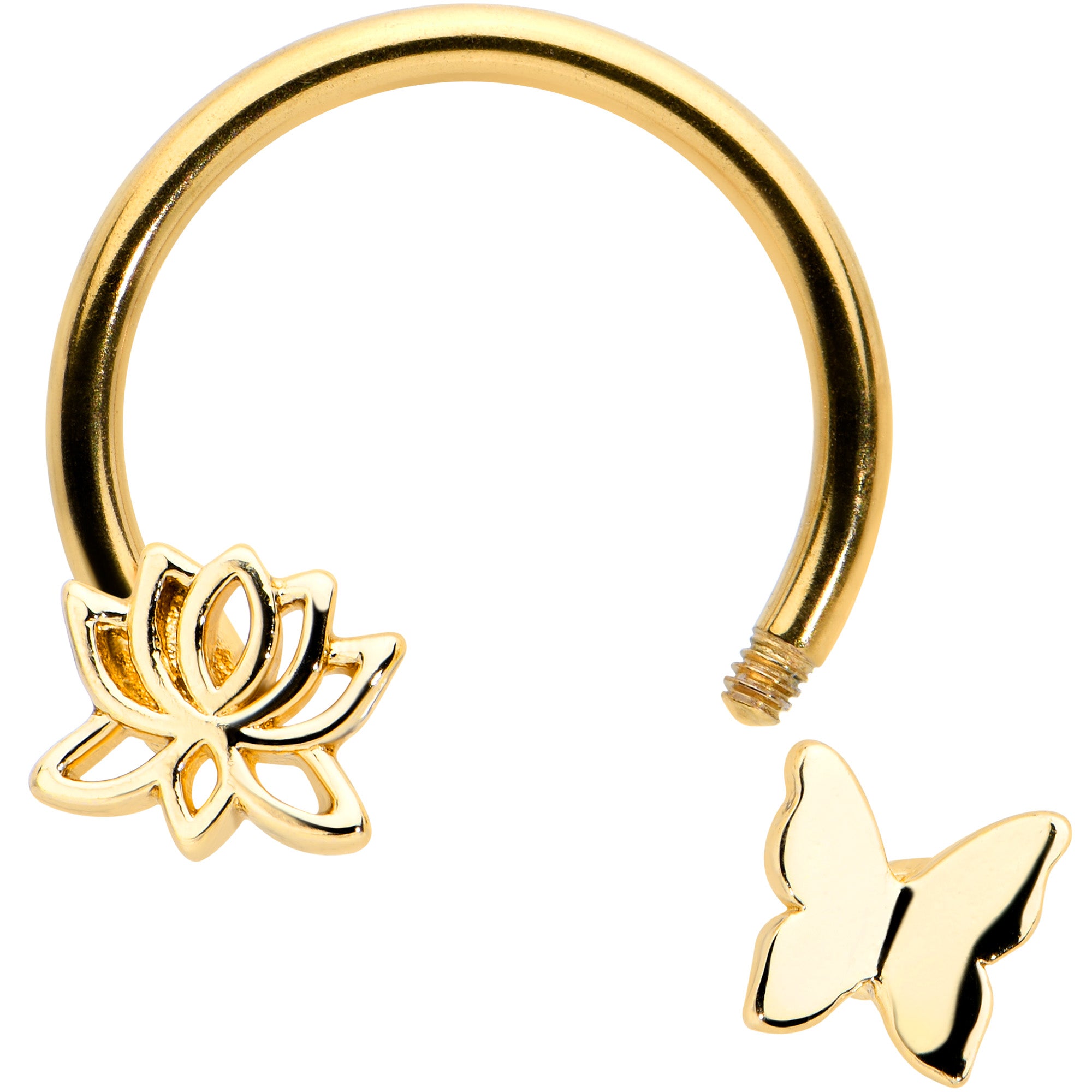 16G 3/8 Gold Tone Butterfly Lotus Flower Horseshoe Circular Barbell