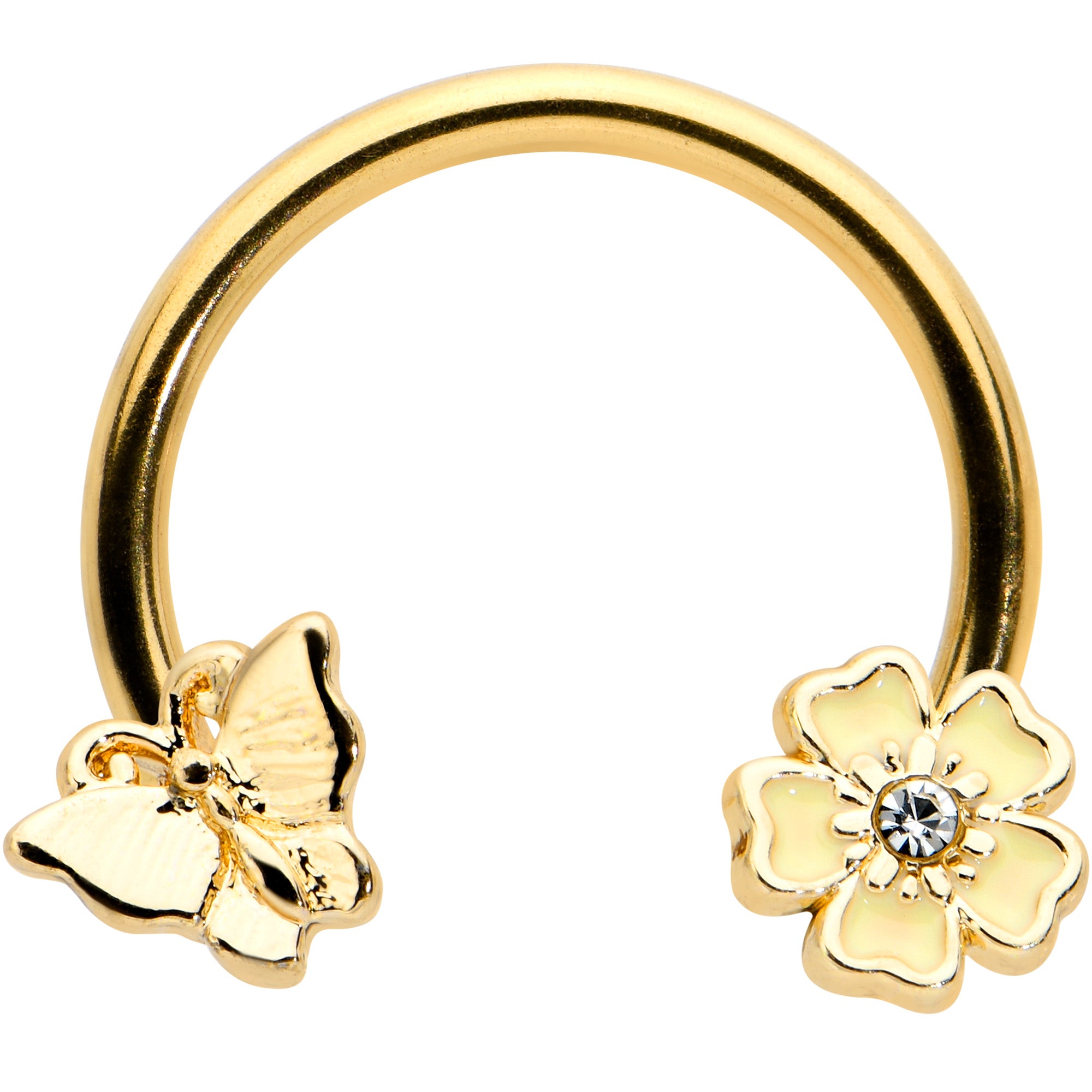 16G 3/8 Clear Gem Gold Tone Butterfly Angular Flower Horseshoe