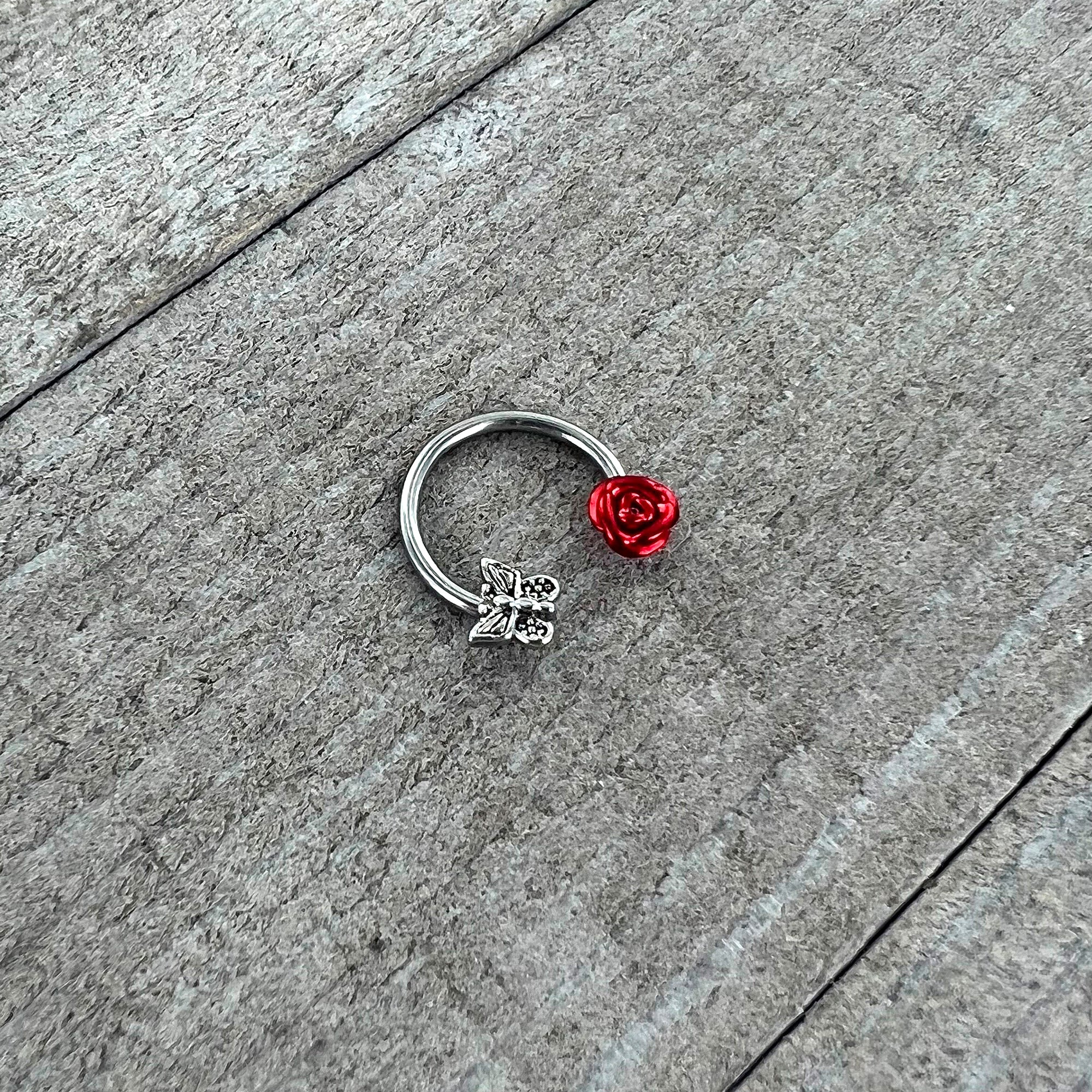 16G 3/8 Butterfly Red Rose Flower Horseshoe Circular Barbell