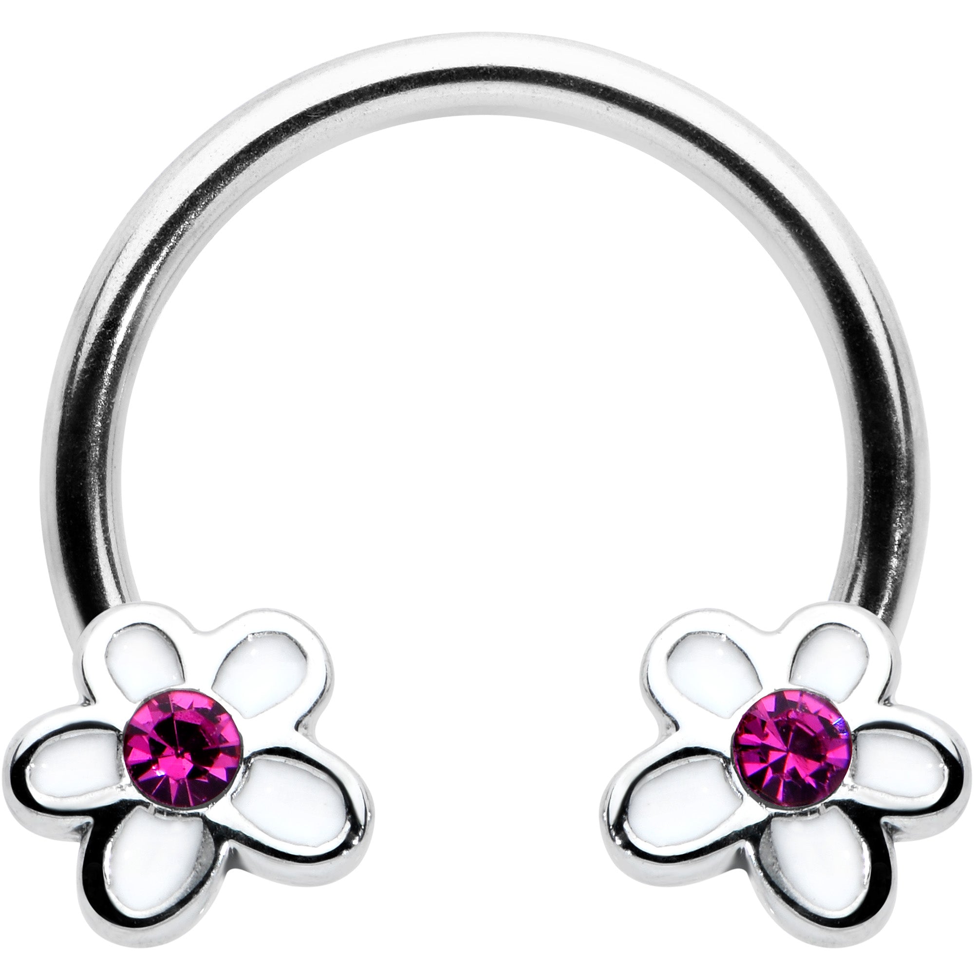 16G 3/8 Pink Gem Daisy Flowers Horseshoe Circular Barbell