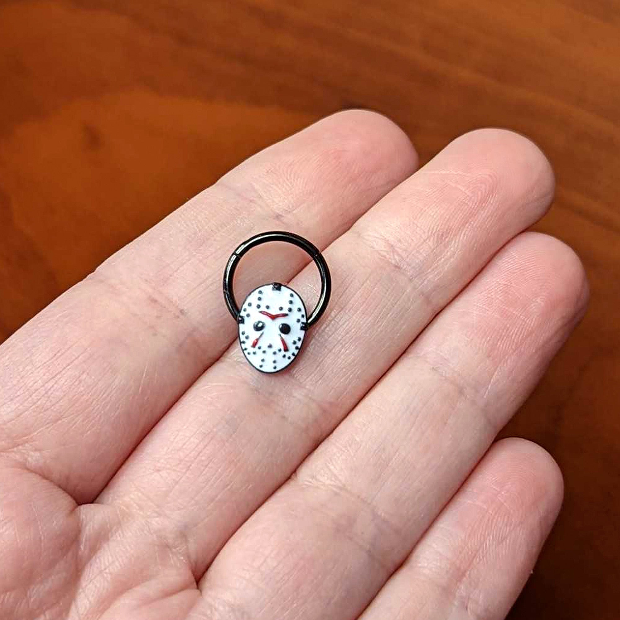 16G 3/8 Black Licensed Friday the 13th Mask Hinged Segment Ring