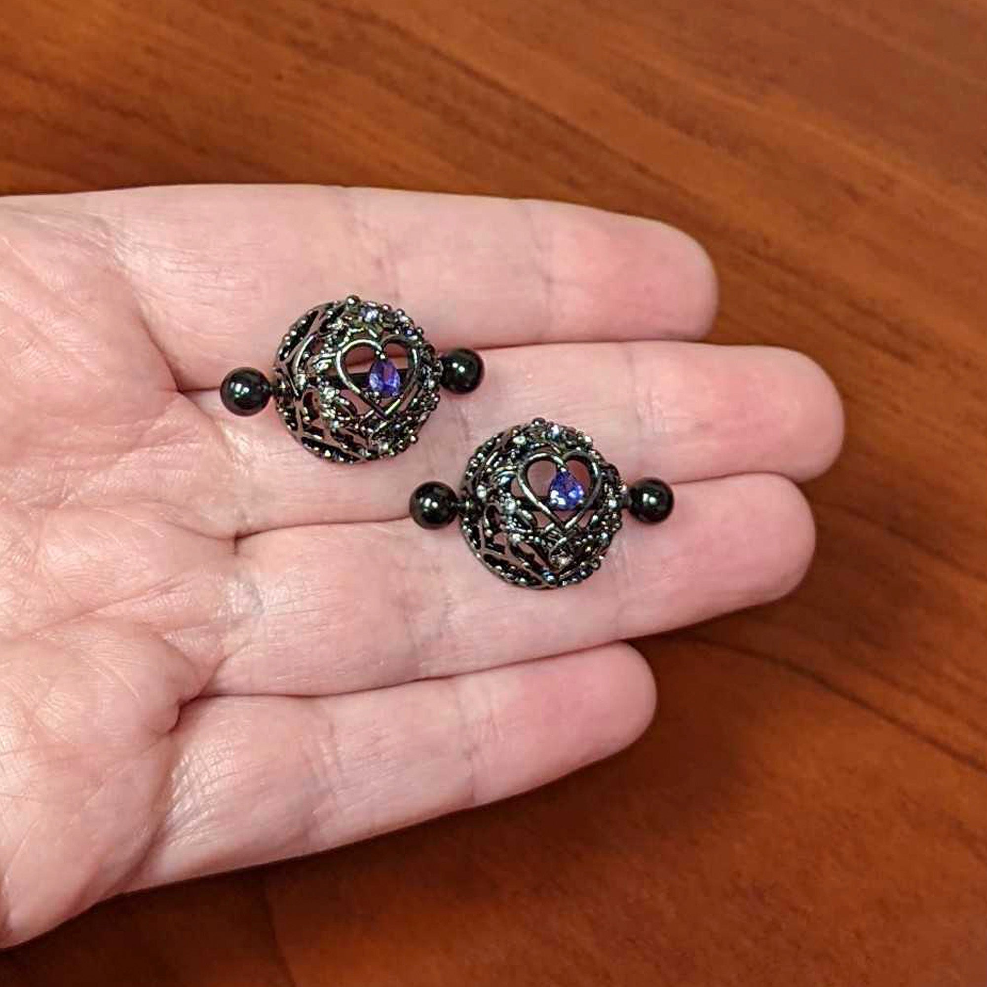 14G 9/16 Purple Gem Black Regal Crown Heart Nipple Shield Set