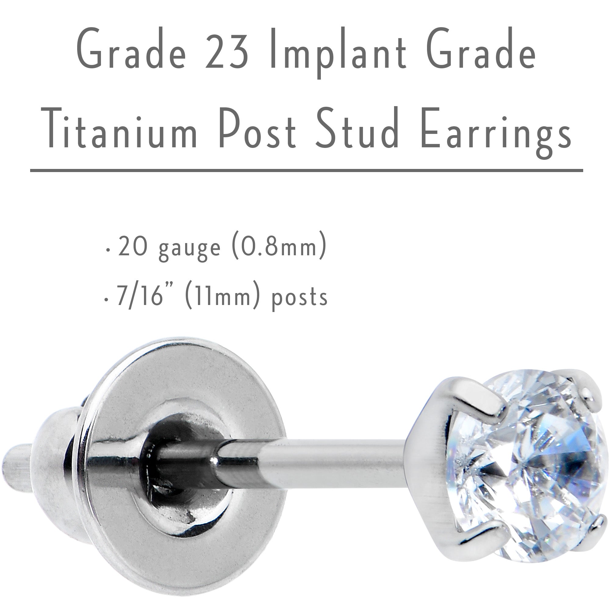 3mm Clear CZ Gem Implant Grade Titanium Stud Earrings