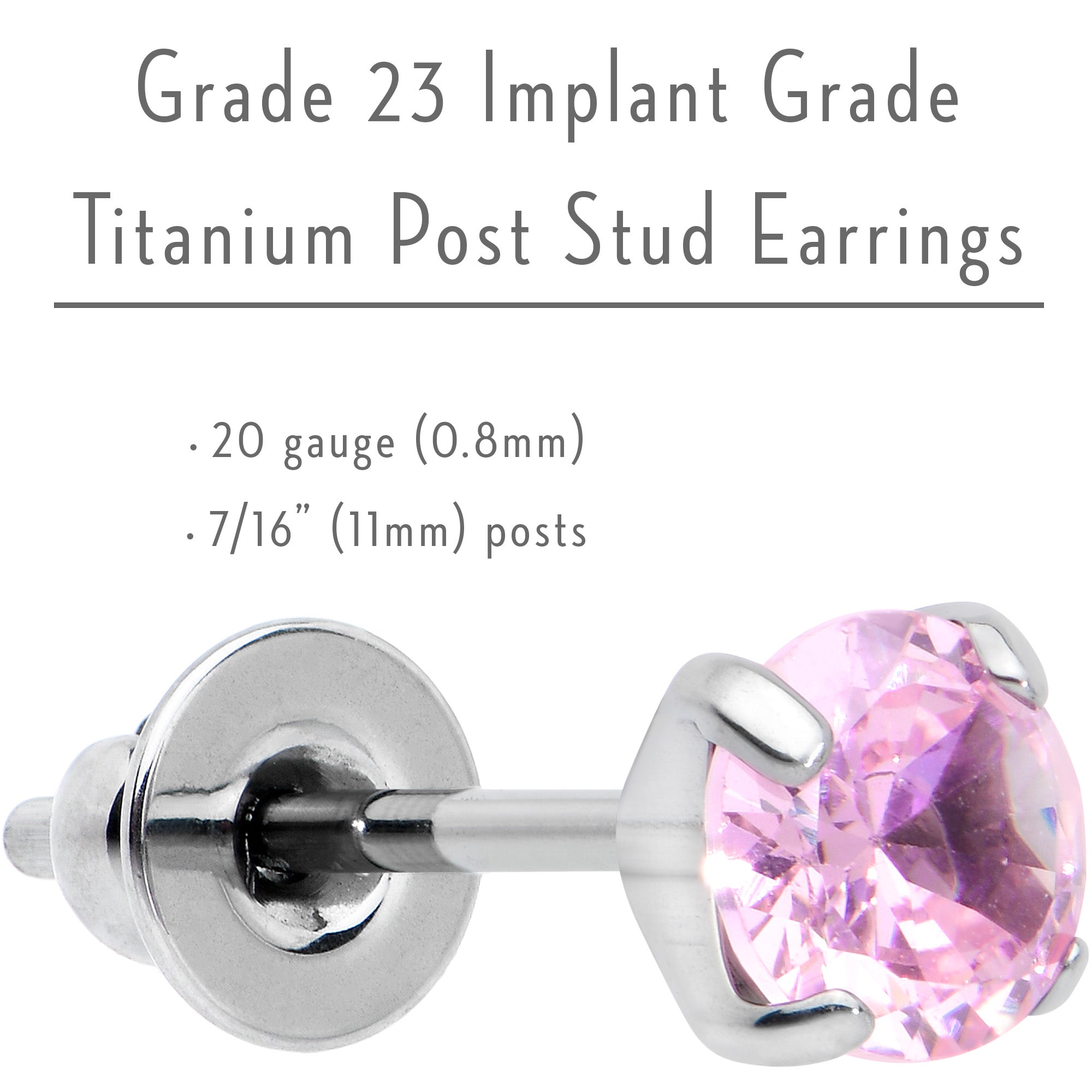 4mm Pink CZ Gem Implant Grade Titanium Stud Earrings