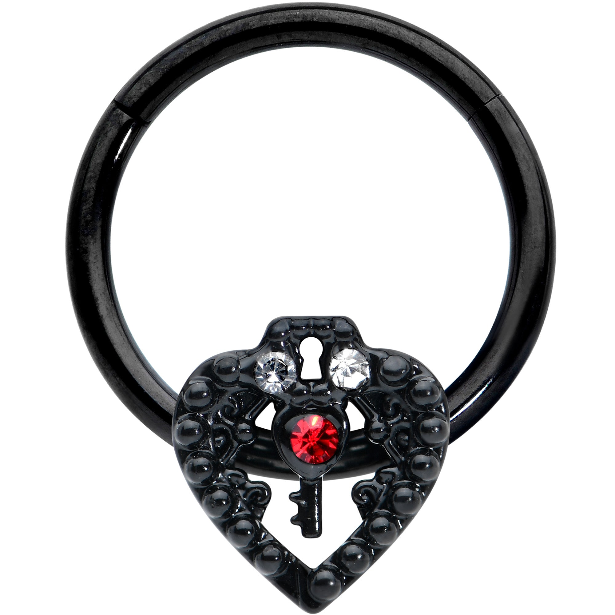 16G 3/8 Red Clear Gem Black Key Heart Hinged Segment Ring