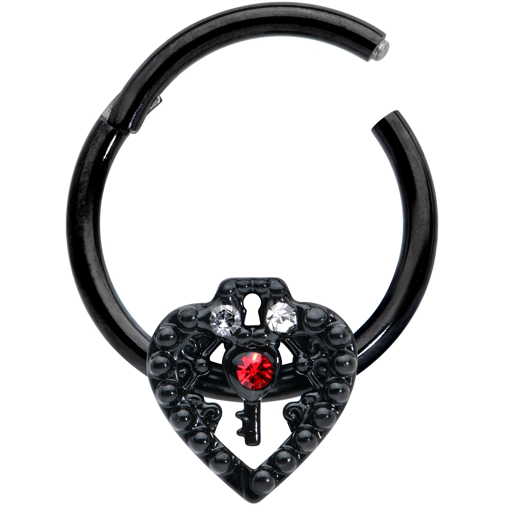 16G 3/8 Red Clear Gem Black Key Heart Hinged Segment Ring