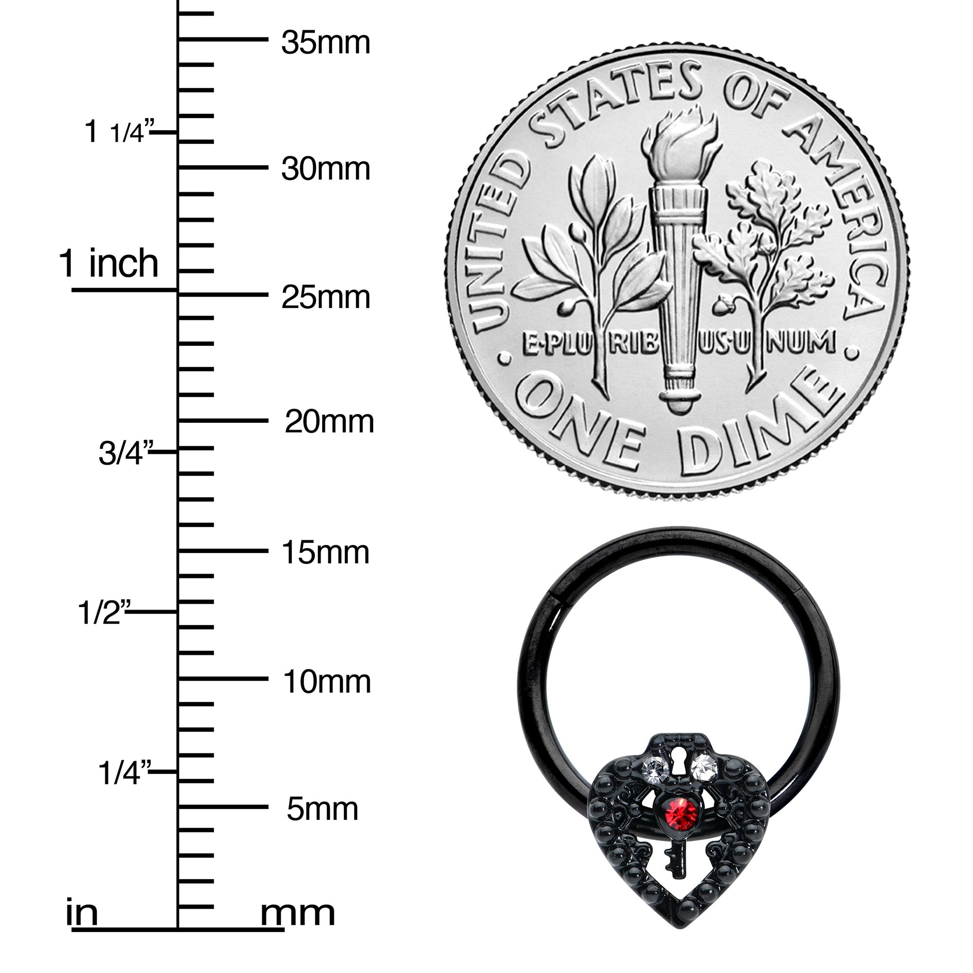 16G 3/8 Red Clear Gem Black Key Heart Hinged Segment Ring