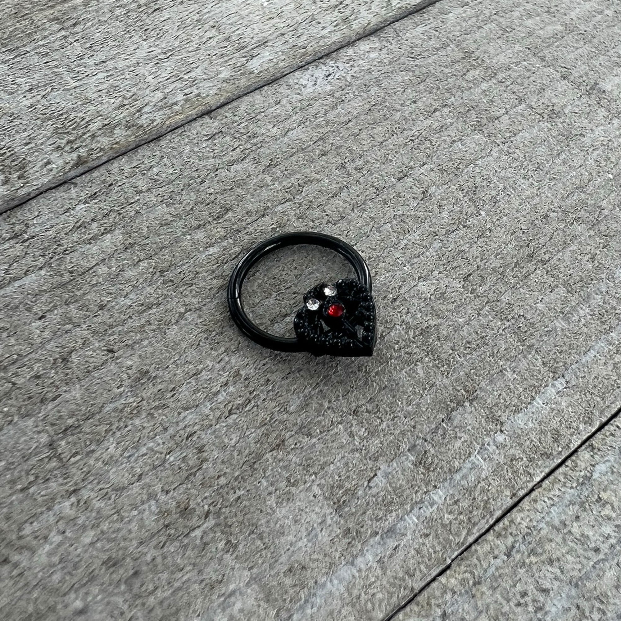 16G 3/8 Red Clear Gem Black Key Heart Hinged Segment Ring