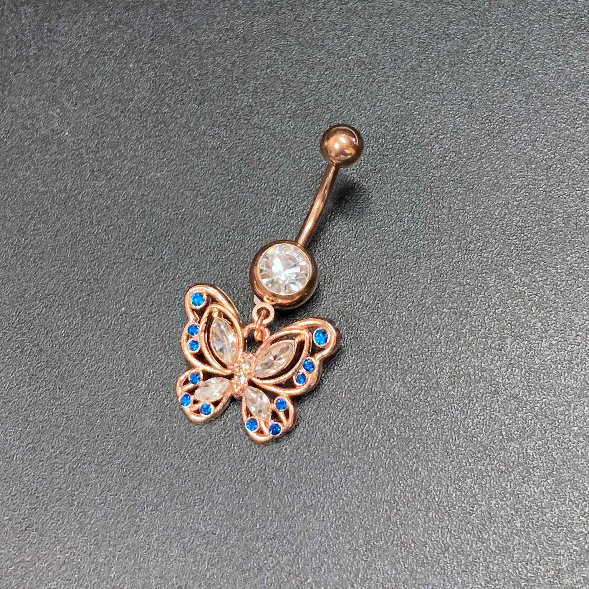 Blue Clear Gem Rose Gold Tone Butterfly Wings Dangle Belly Ring