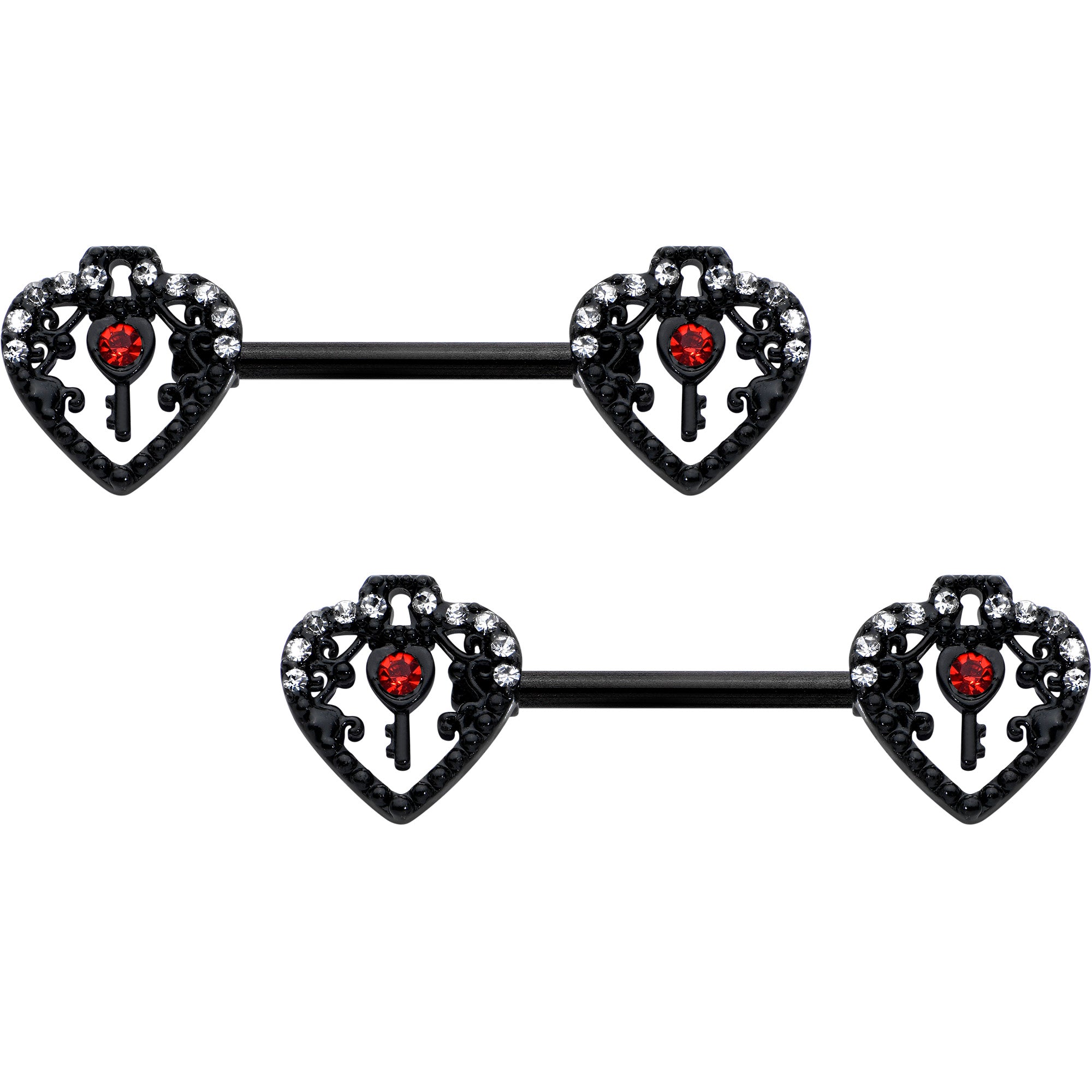14G 9/16 Red Clear Gem Black Key Heart Barbell Nipple Ring Set