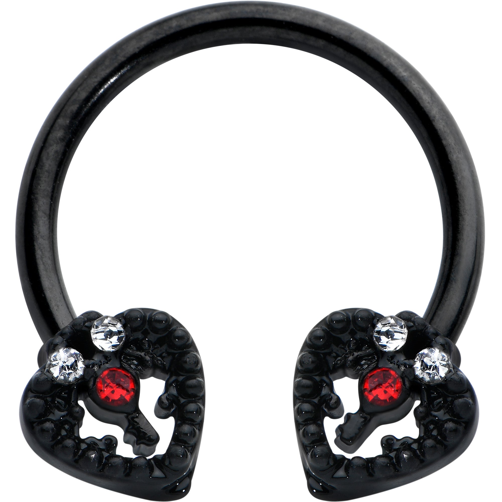 16G 3/8 Clear Red Gem Black Key Heart Horseshoe Circular Barbell