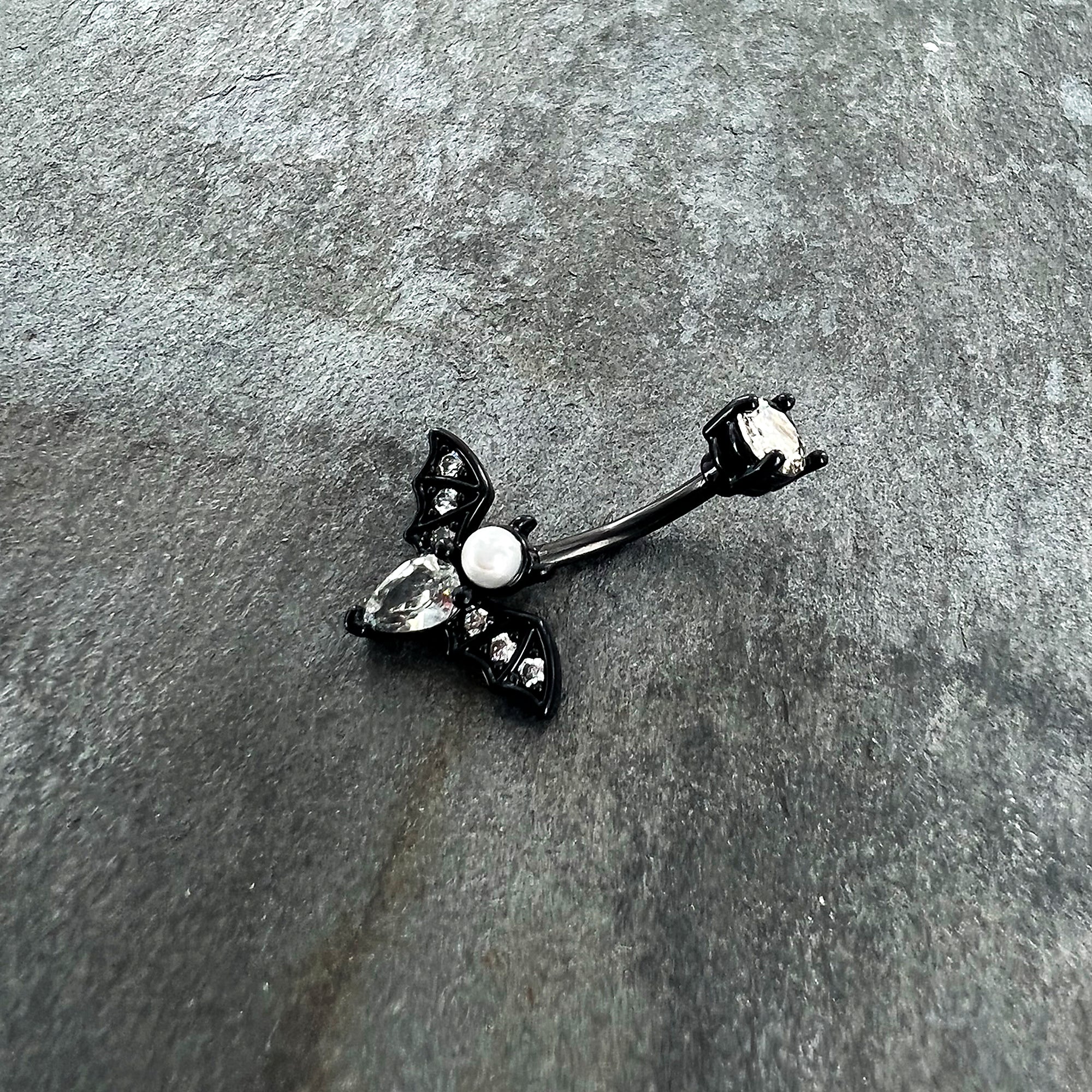 Clear Gem Black Vampire Bat Halloween Double Mount Belly Ring