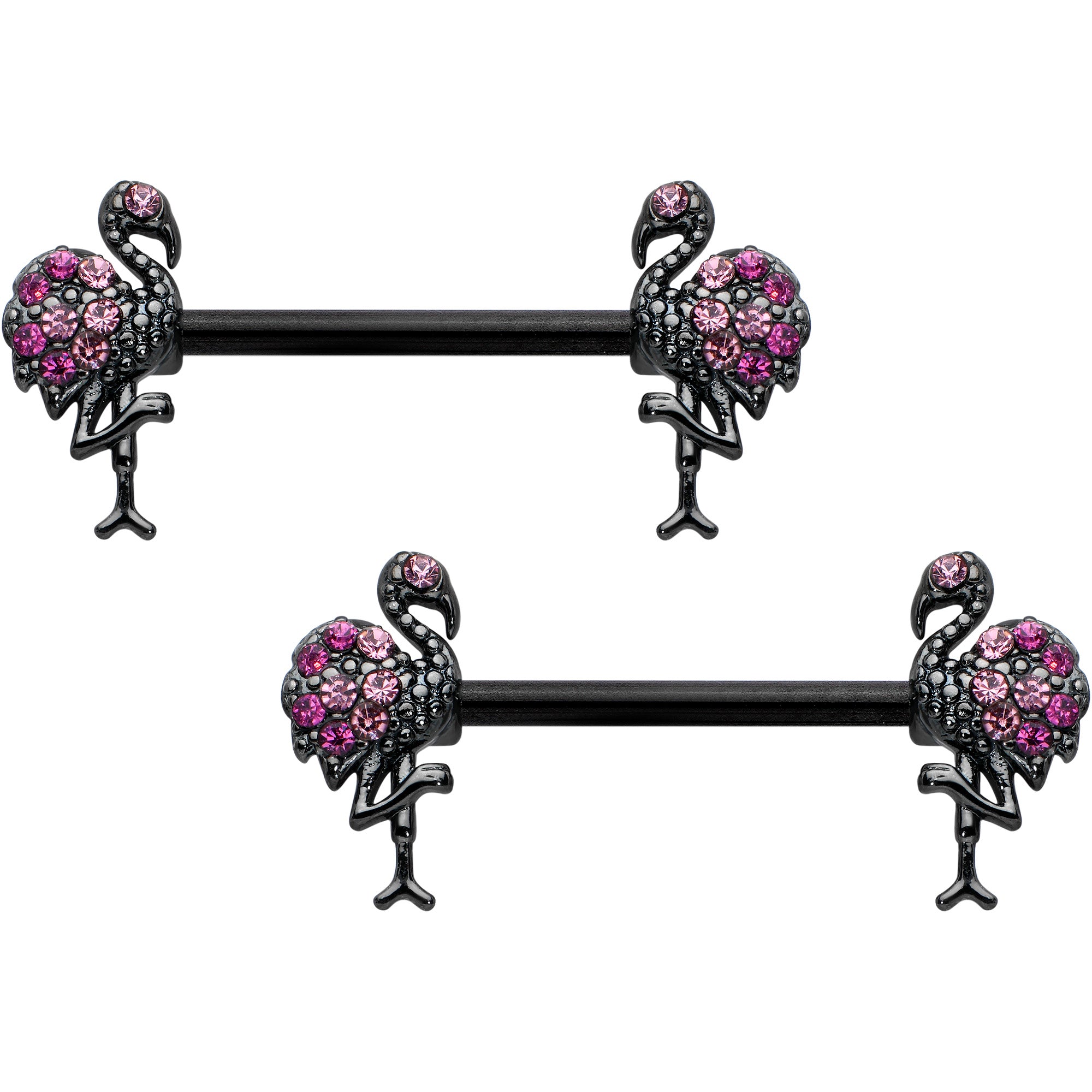 14G 9/16 Pink Gem Black Fashion Flamingo Barbell Nipple Ring Set