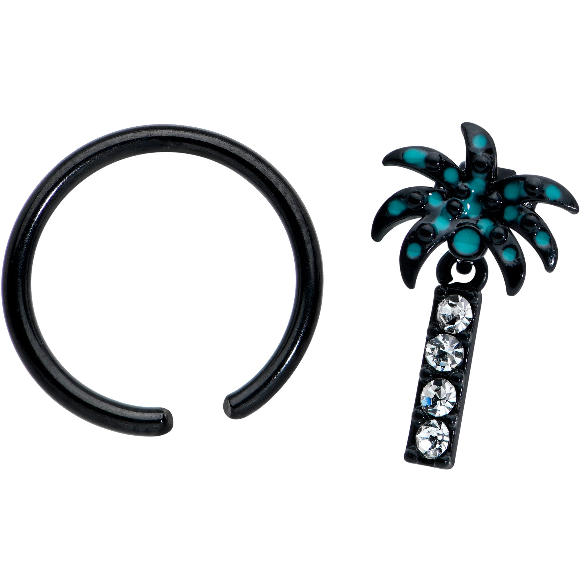 16G 3/8 Clear Gem Black Night Palm Tree Dangle BCR Captive Ring
