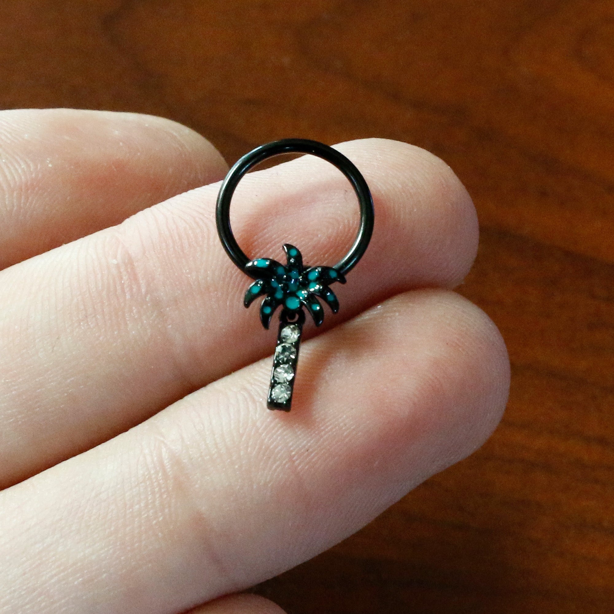 16G 3/8 Clear Gem Black Night Palm Tree Dangle BCR Captive Ring