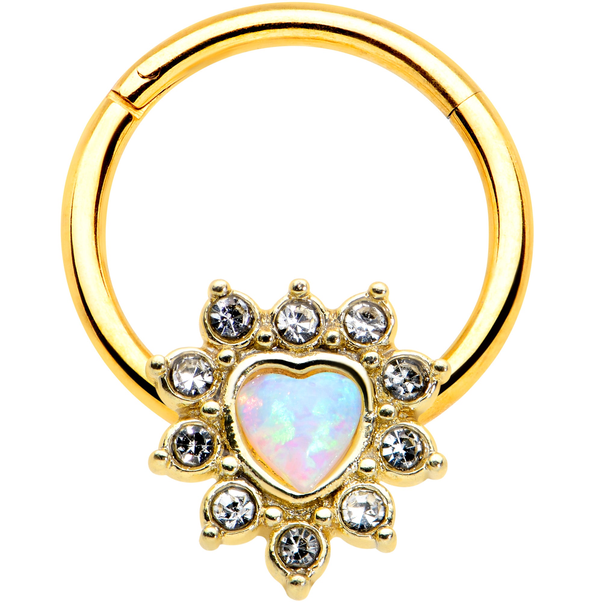 16G 3/8 White Faux Opal Gold Tone Sun Heart Hinged Segment Ring