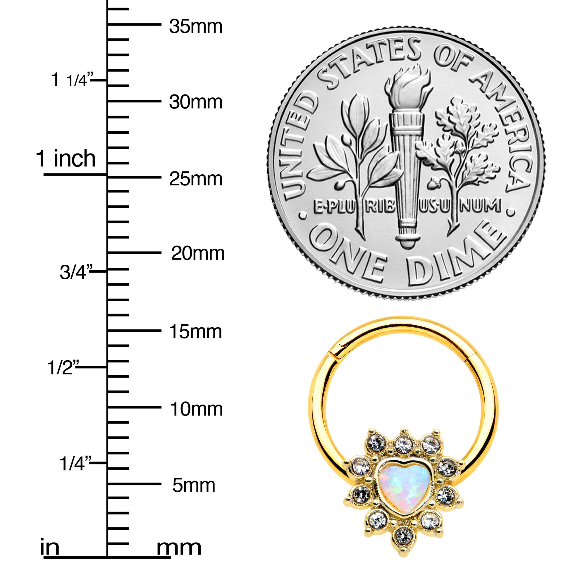 16G 3/8 White Faux Opal Gold Tone Sun Heart Hinged Segment Ring