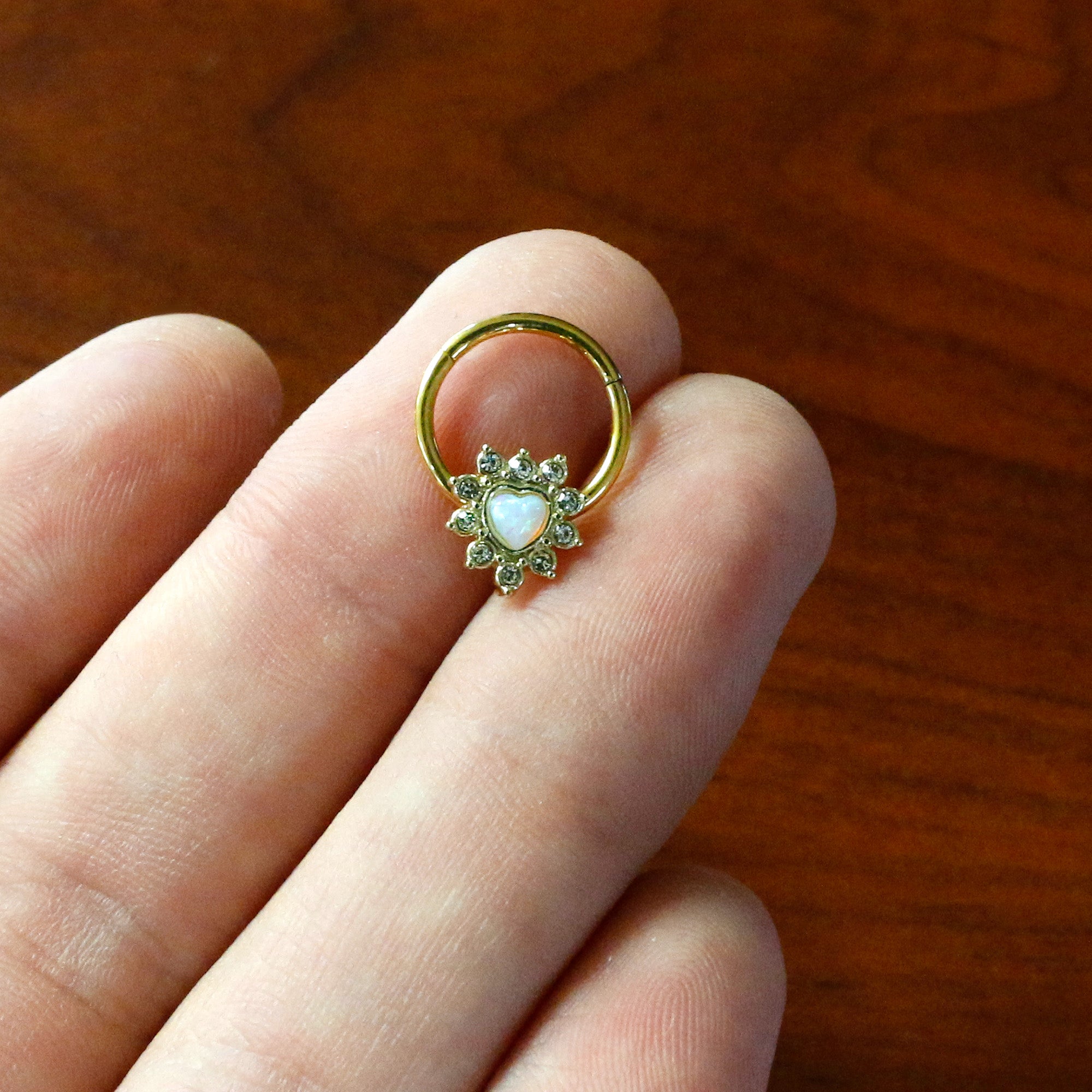 16G 3/8 White Faux Opal Gold Tone Sun Heart Hinged Segment Ring