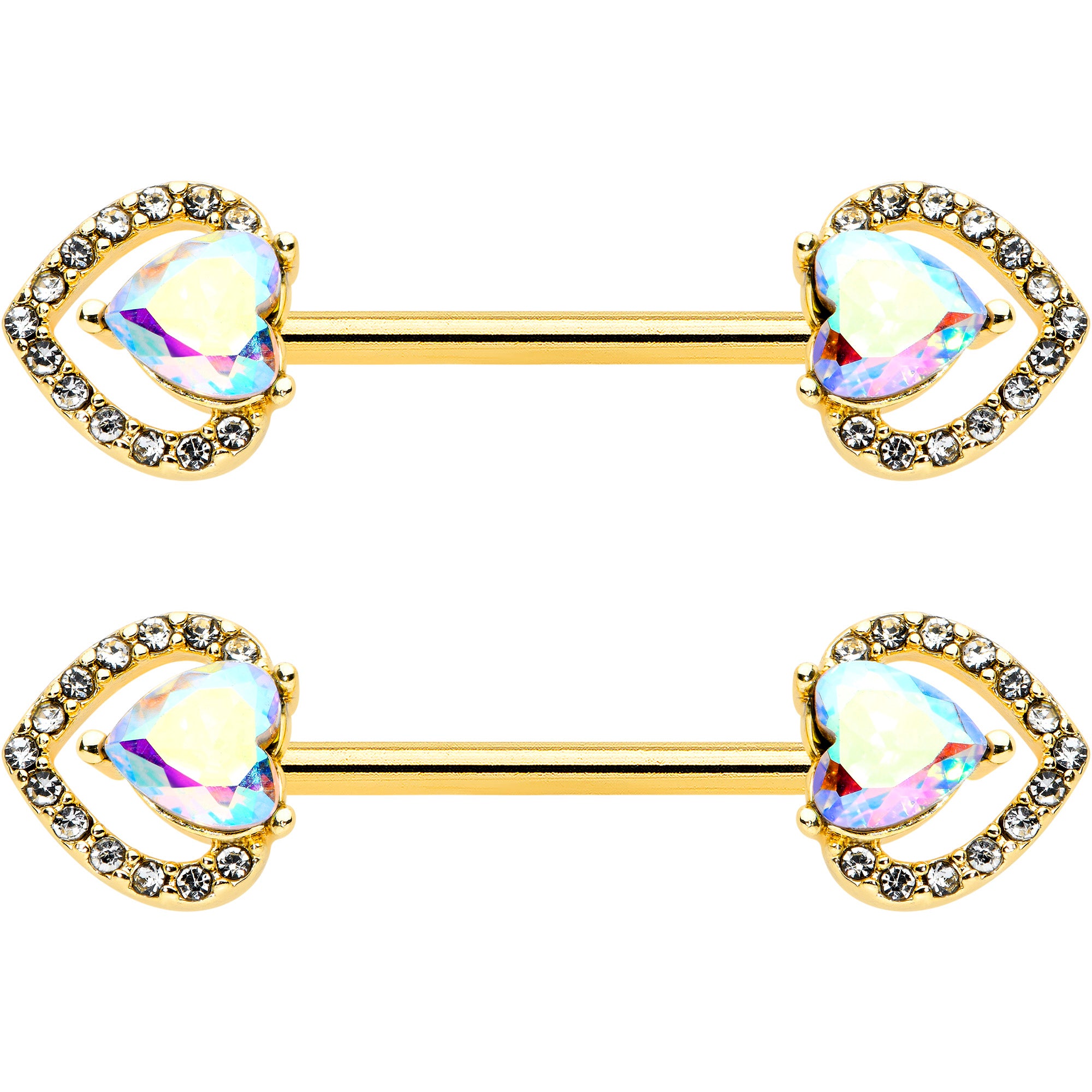 14G 9/16 Aurora Gem Gold Hue Rococo Heart Barbell Nipple Ring Set